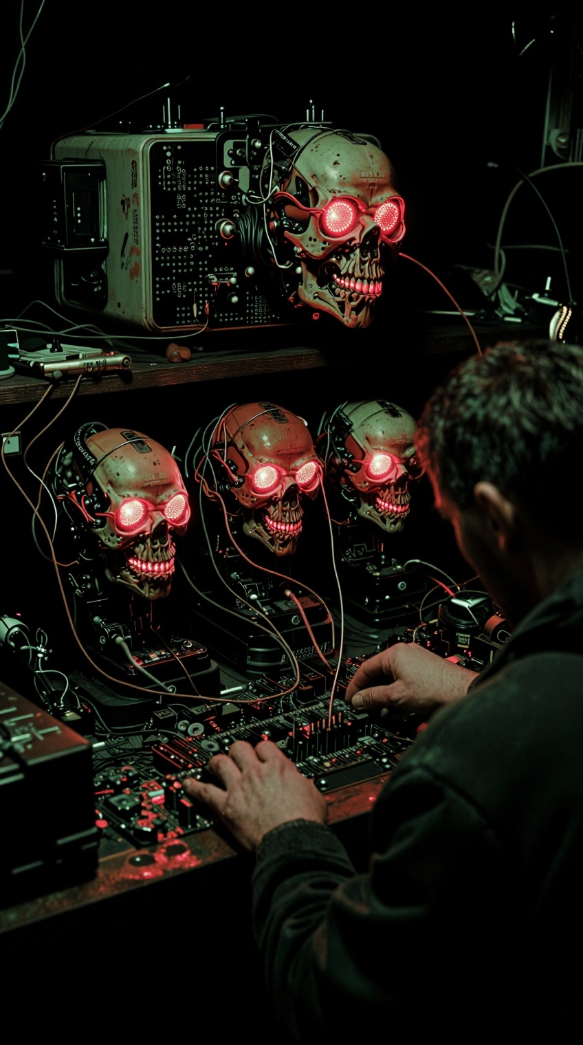 A person in a dark workshop,  viewed from behind,  works at a cluttered workbench under dim on Tensor.Art