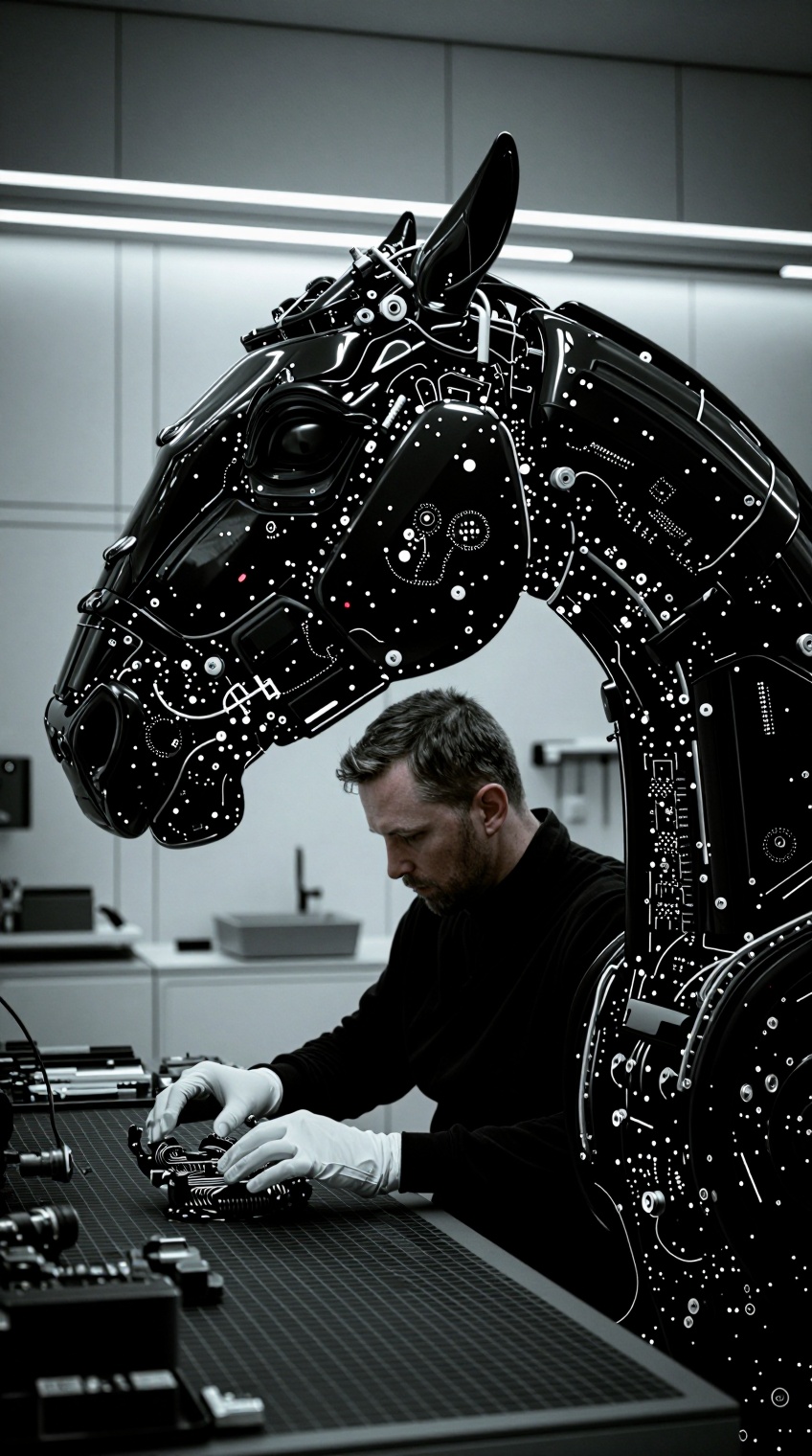 A man in a black long-sleeve shirt and white gloves carefully assembles intricate mechanical components on a gridded workb...