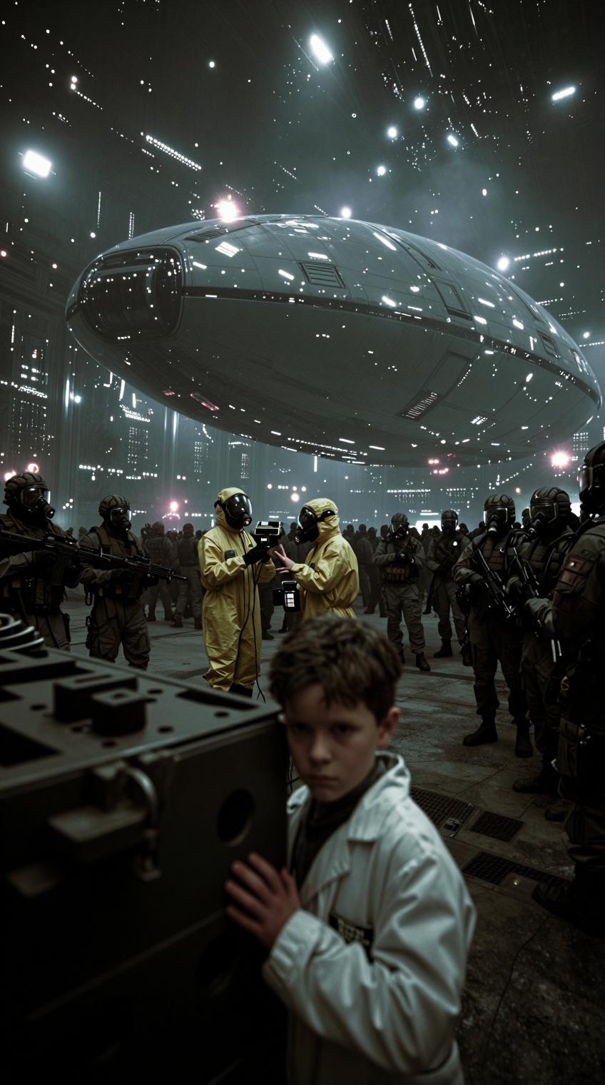 Ultra-cinematic sci-fi scene,  grounded in brutal realism,  inside a massive classified hangar at Area 51. In the foregrou...