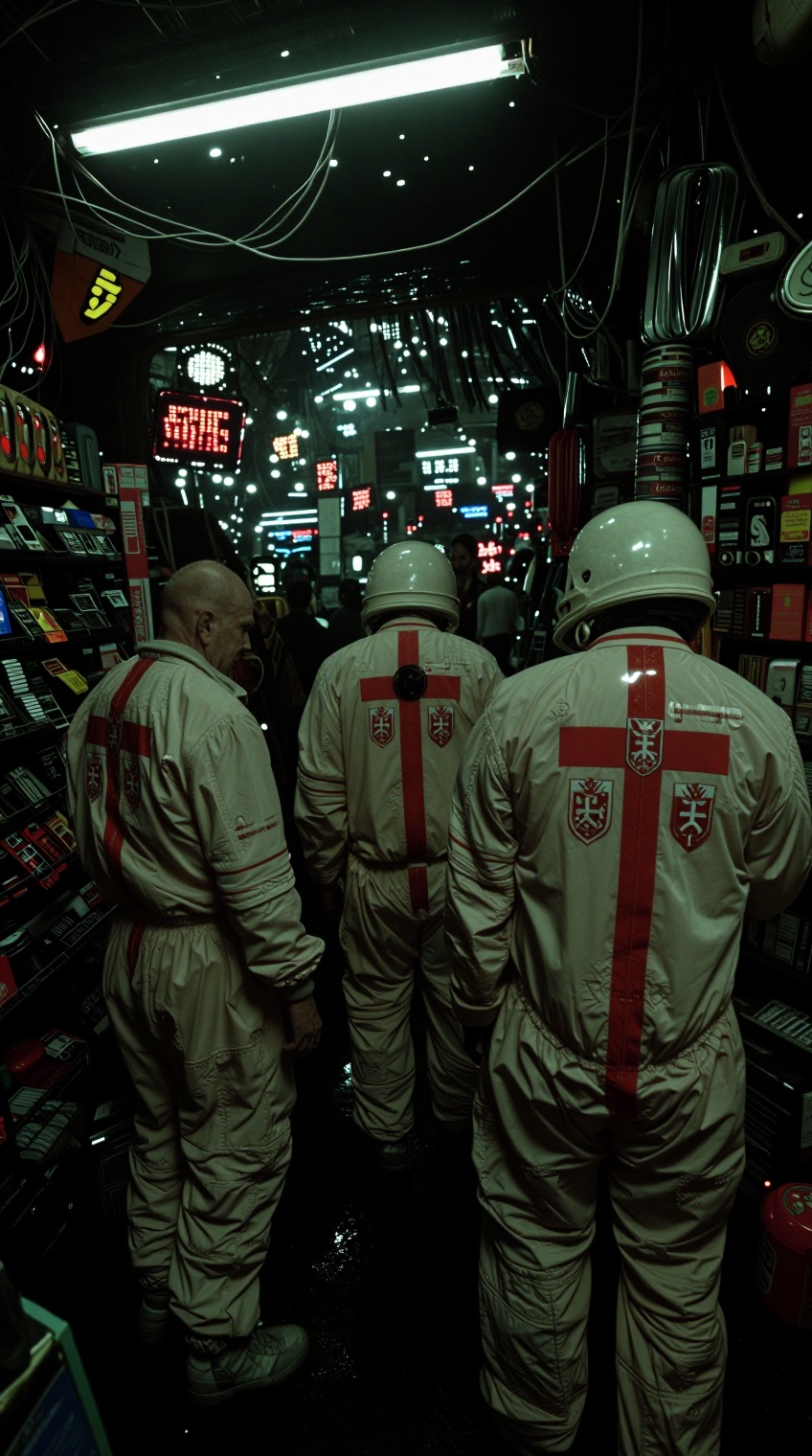 Three figures in bulky white space suits with prominent red vertical stripes and heraldic crosses on their backs stand ins...