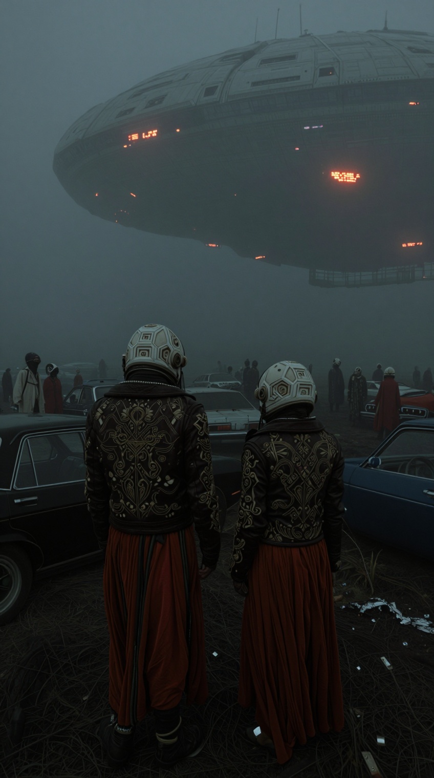 Two figures in ornate,  dark leather jackets with gold embroidery and flowing rust-red skirts stand back-to-back,  gazing...