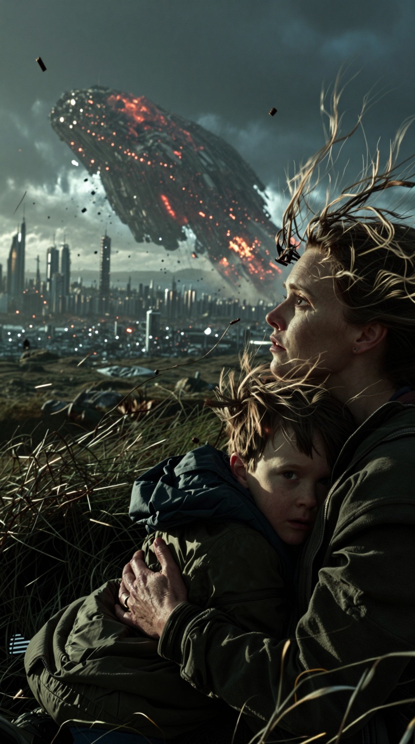 Ultra-cinematic sci-fi scene,  close-up on a mother sitting on a grassy hill,  embracing a small boy tightly. Both gaze up...