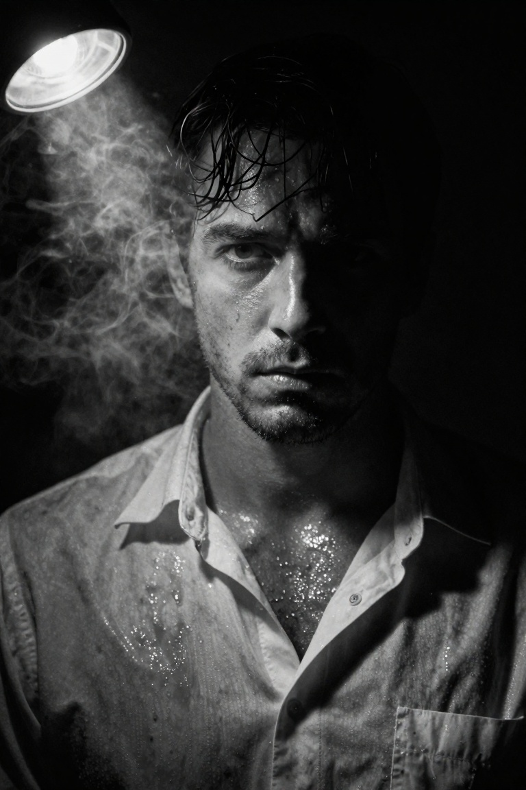 extreme close-up portrait,  mysterious detective male early 30s,  stubble facial hair visible under harsh overhead light o...