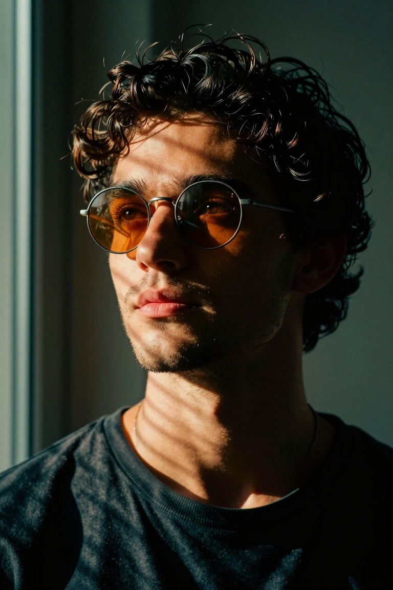 medium portrait close-up,  young man early 20s with messy dark curly hair and light facial stubble,  wearing round metal-f...