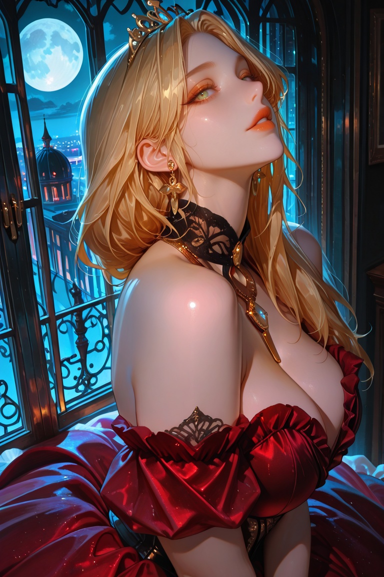 A young stunning woman is depicted in a three-quarter view,  positioned slightly to the left of center within the frame. S...