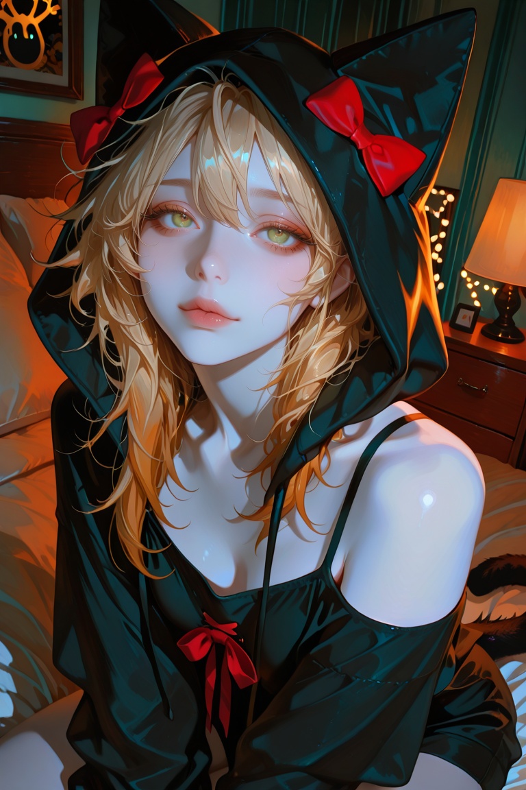 solo girl,  black spaghetti strap top,  black cat-ear hood on Tensor.Art
