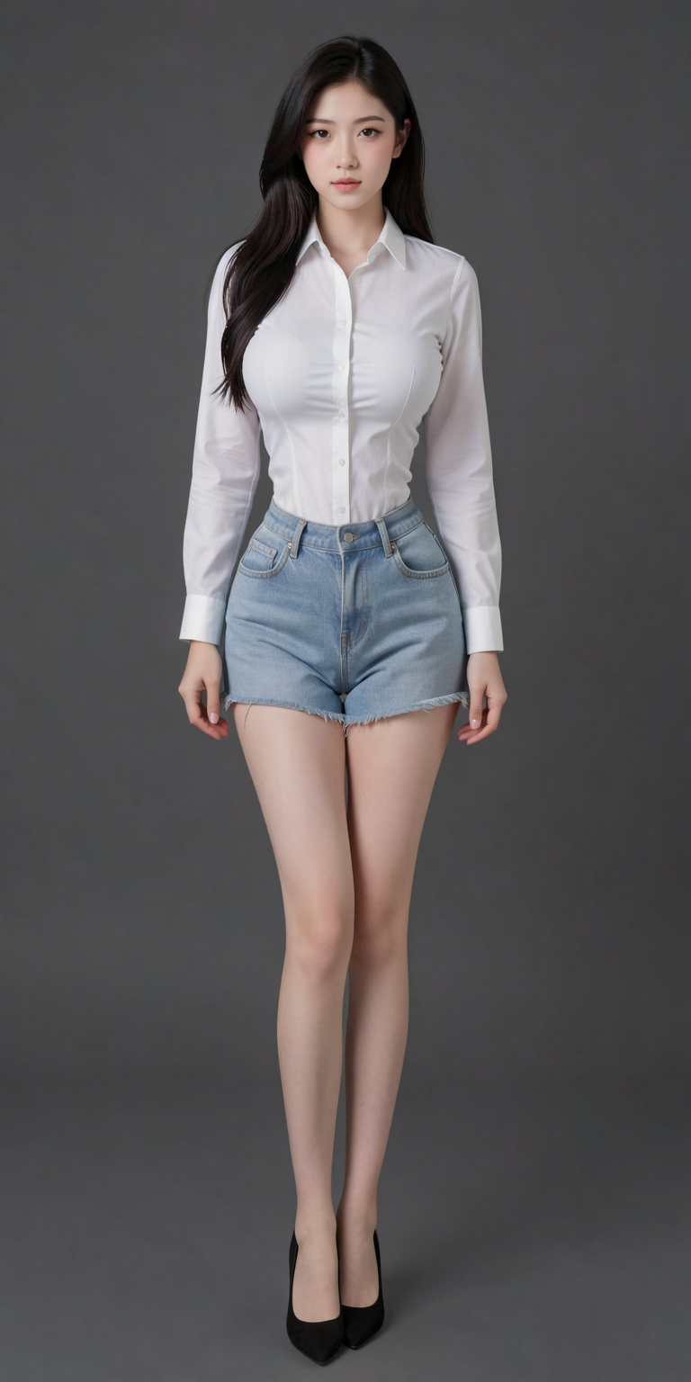 Large breasts, extremely slender waist and long legs. A young Asian woman, likely in her early twenties, stands in the center of the frame, facing the viewer directly. She has long, dark hair and fair skin. Her expression is composed and neutral. She wears a crisp, white, long-sleeved button-down shirt and light blue denim shorts with a frayed hem. Black high-heeled pumps complete the outfit. She is posed with her legs crossed at the ankles and her arms gently at her sides. The background is a solid, dark gray color, providing a stark contrast to her attire. The lighting is soft and even, without strong shadows. The composition is a full-body shot, emphasizing her slender build. The style is clean and modern, evoking a fashion or studio portrait feel.