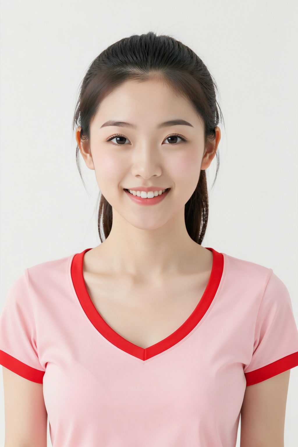 A young Asian woman, likely in her early twenties, is centered in the frame, directly facing the viewer. She has a slender build and is wearing a light pink v-neck T-shirt with red trim around the neckline and sleeves. Her dark hair is pulled back in a ponytail. She has a bright, genuine smile, showcasing white teeth, and her eyes are open and alert. The background is a plain white, providing a clean and uncluttered setting that emphasizes the subject. The lighting is soft and even, highlighting her facial features and clothing details. The composition is a medium shot, focusing on her upper body. The style is clean and straightforward, with a focus on natural presentation. The overall impression is one of approachability and positivity.