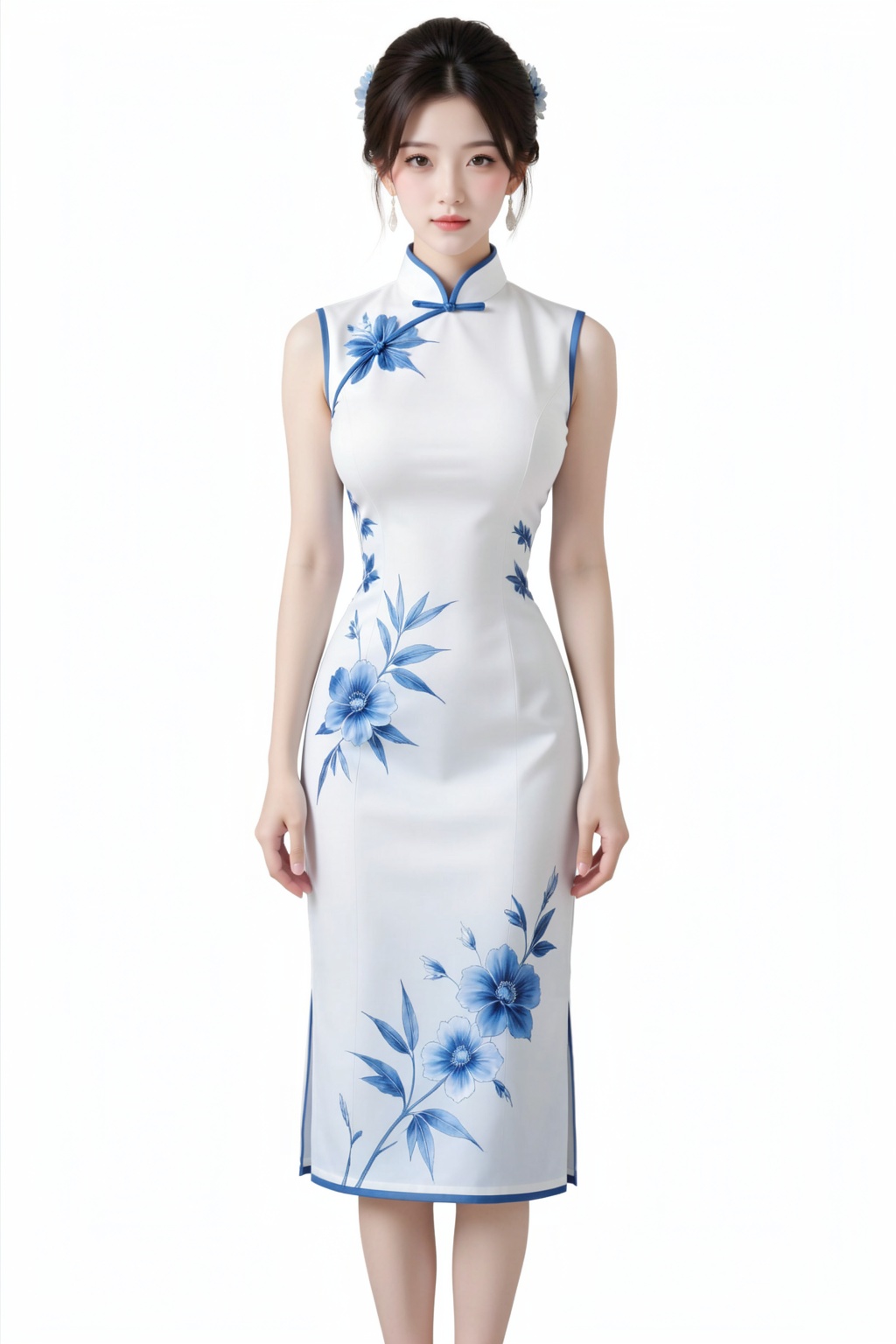 large breasts, extremely slender waist. The image depicts a young woman with a fair complexion. She has a round face with a small nose and full lips, which are painted with a subtle pink lipstick. Her eyes are almond-shaped and have a light brown color, giving her a gentle and serene expression. Her hair is dark brown and styled in an elegant updo, with some loose strands framing her face. The hairstyle is complemented by delicate blue flowers in her hair, adding a touch of sophistication. She is wearing a traditional Chinese-style cheongsam, which is sleeveless and has a fitted bodice. The dress is predominantly white with intricate blue floral embroidery, creating a delicate and graceful appearance. The dress has a high collar and a round neckline, emphasizing her neck and collarbone. The dress's design highlights her bust size and the degree of chest exposure, making her look elegant and poised. Her waist is cinched, and the dress falls in a straight line from her shoulders to her hips, accentuating her figure. The dress has thin, subtle seams that add to its sleek design. She is wearing no shoes, and her hands are relaxed by her sides. The background is a plain white, which makes her stand out prominently. There are no visible accessories, and the focus is entirely on her attire and overall appearance.