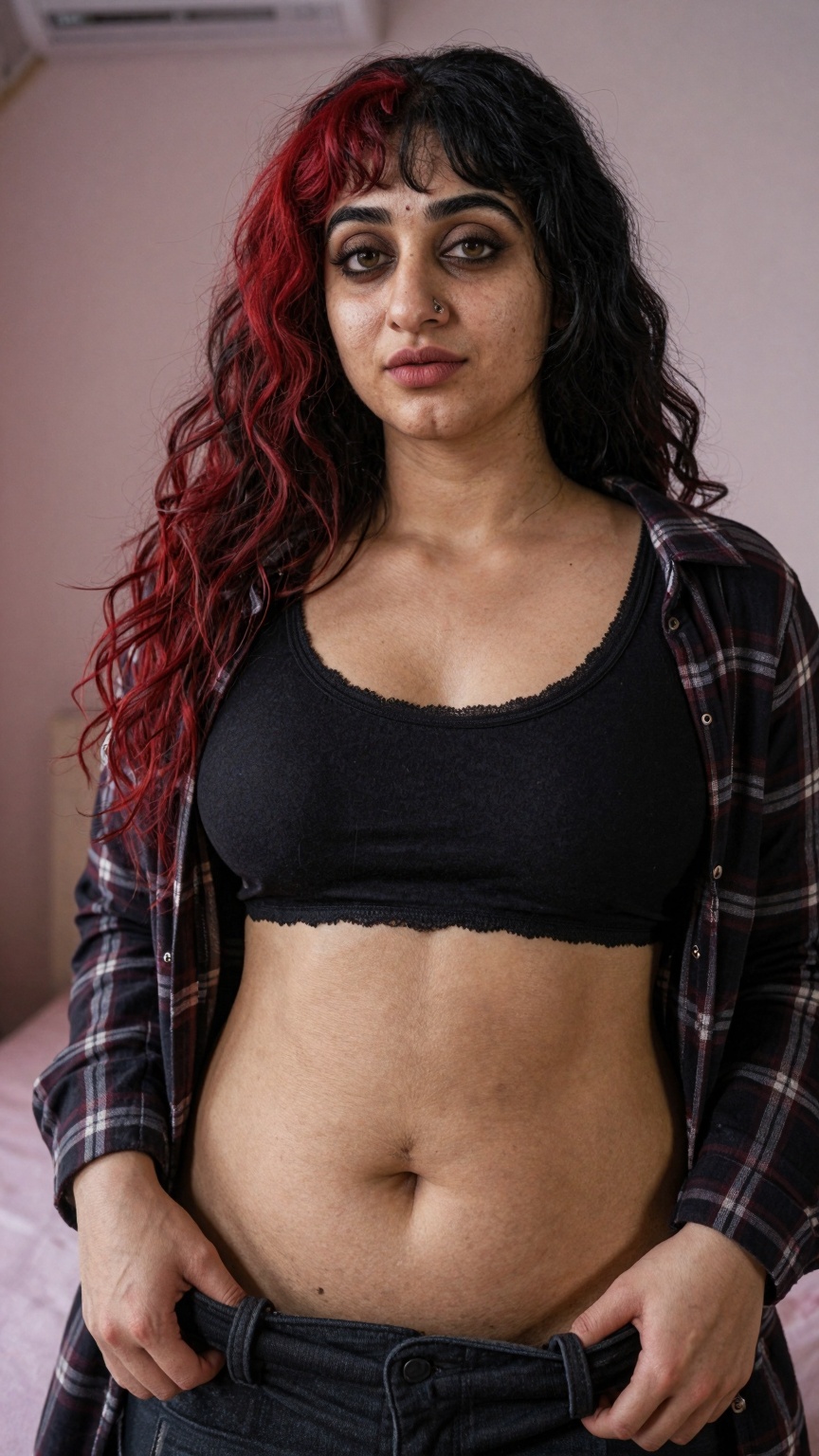 32 year old woman,  fair skin realistic pores,  long black hair with red highlights and bangs on Tensor.Art