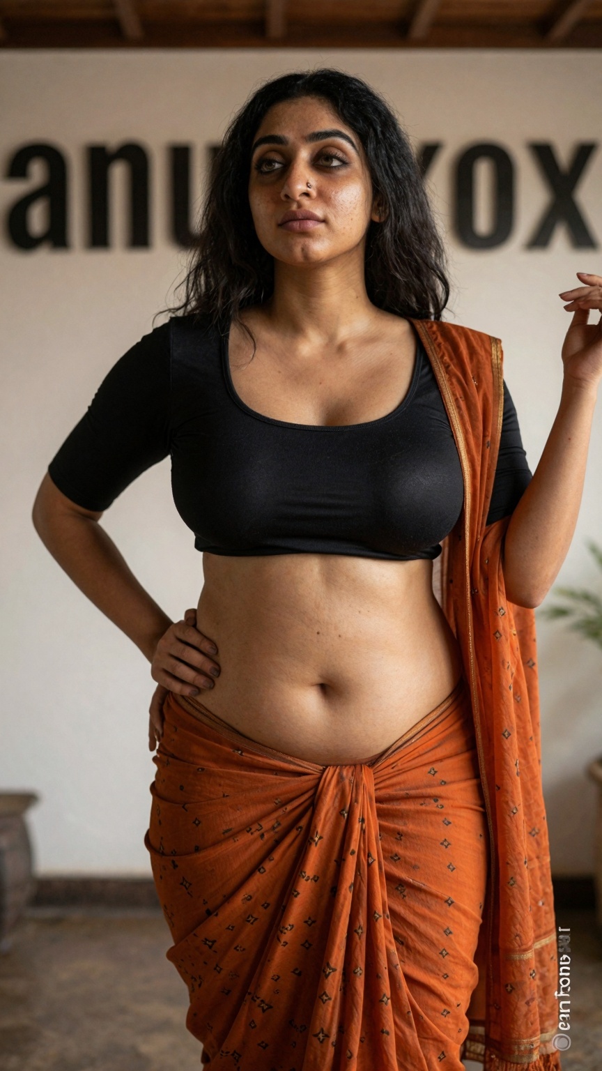32 year old South Asian woman Anu,  fair warm skin realistic pores natural soft glow subtle imperfections visible on midri...