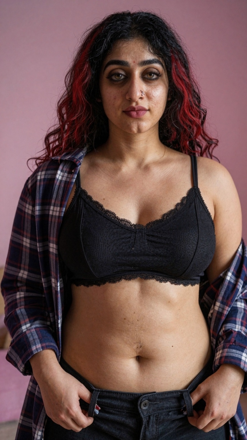 32 year old woman,  fair skin realistic pores,  long black hair with red highlights and bangs on Tensor.Art