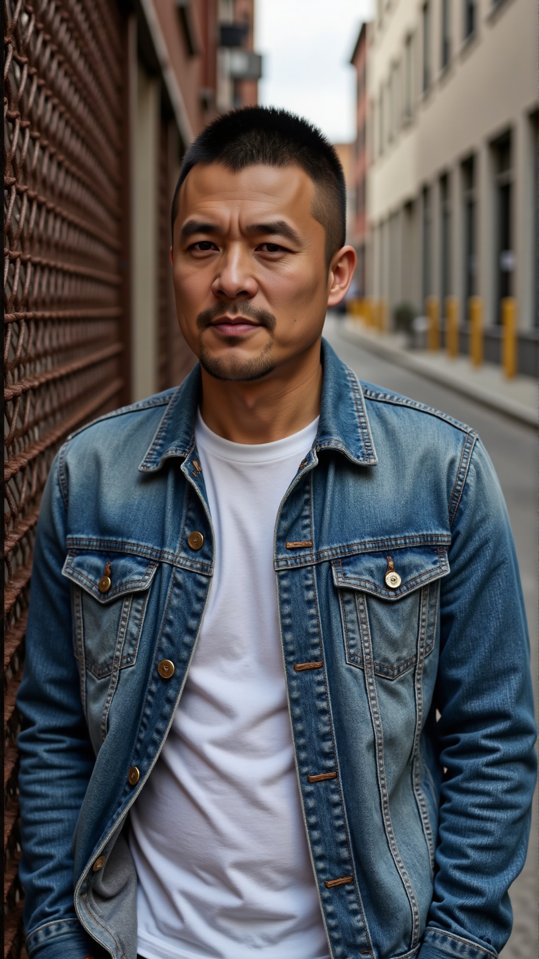nsjs, A 30-year-old man with short, crisp hair, wearing a faded denim jacket over a plain t-shirt, leaning against a rusted metal fence in an industrial alley, his jawline sharp and gaze steady, oozing a raw, unpolished masculinity,