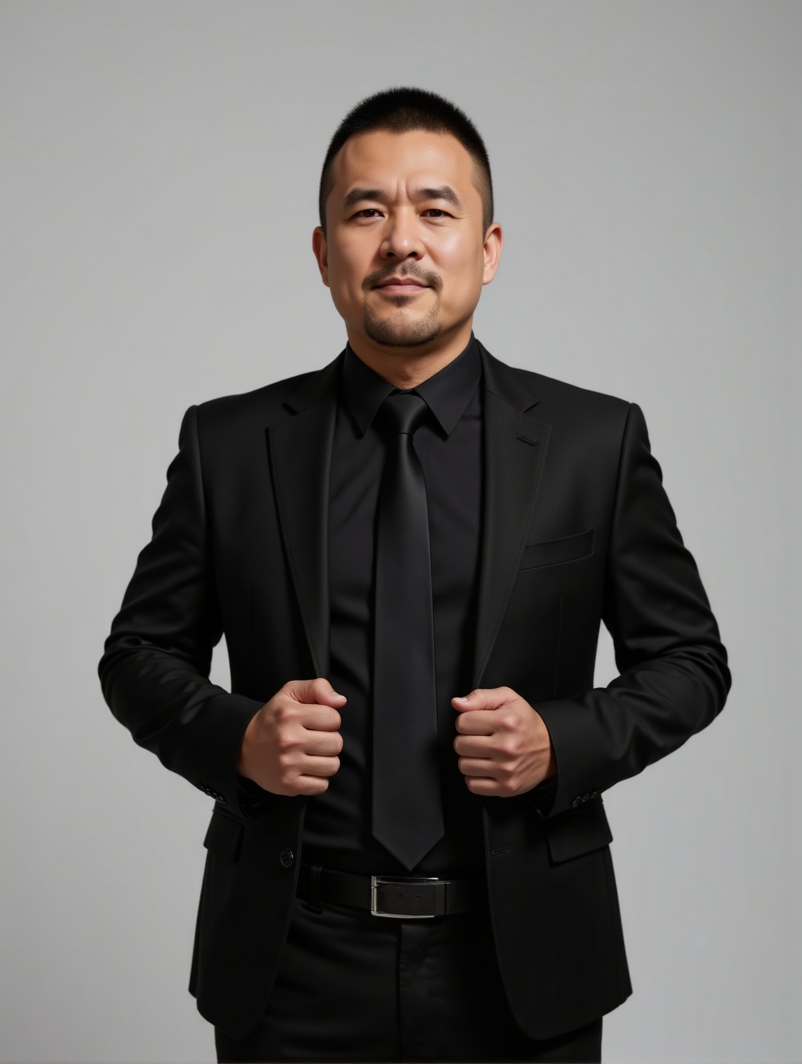 nsjs,A man is wearing a black suit and wearing a black shirt, a black tie, and black suit pants, 
