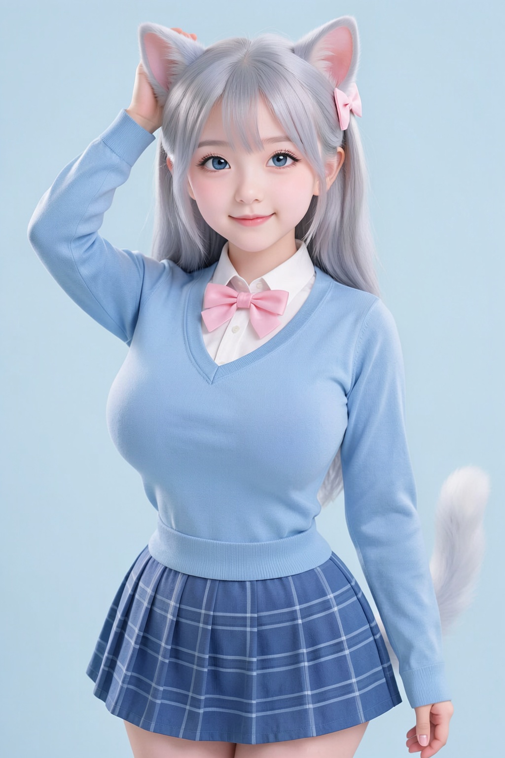 Large breasts, extremely slender waist. This is a highly detailed, realistic CGI image of a young, cute anime-style girl with pale, silver-white hair and blue eyes. She has large, pink cat ears and a matching pink bow hairpin on the right side of her head. Her skin is fair and flawless. She is wearing a light blue, long-sleeved sweater over a white collared shirt with a pink bow tie, and a blue plaid skirt. Her right hand is raised to her head, and she has a subtle, gentle smile. The background is a simple, light blue gradient. Her cat-like tail is visible behind her. The image has a soft, almost ethereal quality.