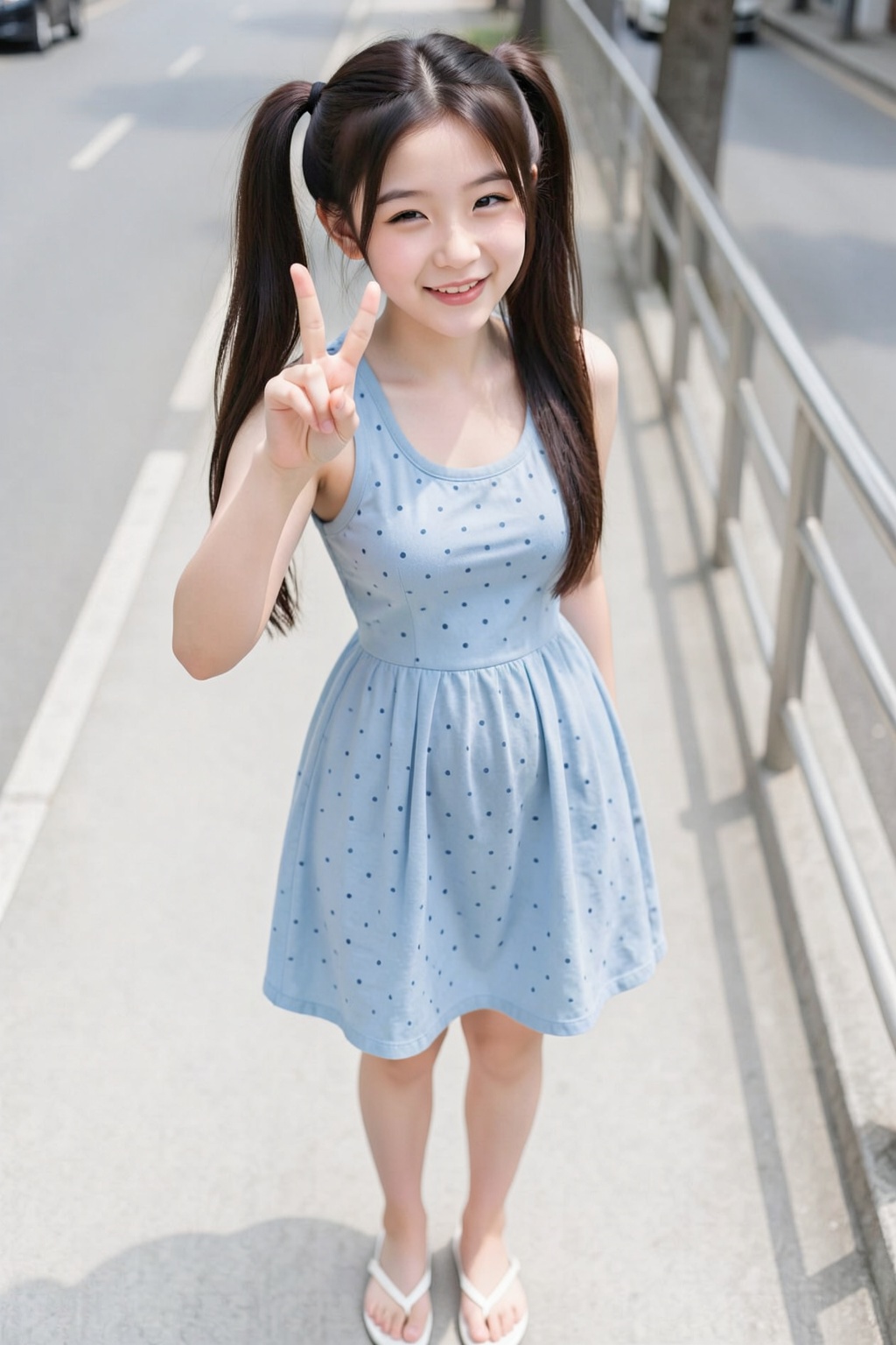 This photograph features a young Asian woman with fair skin and long, dark brown hair styled in two high pigtails. She is wearing a light blue, sleeveless dress with small dark blue polka dots, and white flip-flops. She is standing on a concrete sidewalk, slightly bent forward with her right arm extended towards the camera, making a peace sign with her fingers. She has a playful, winking expression on her face. The background shows a blurred street with a metal railing on the right. The image has a bright, sunny feel with natural light casting soft shadows. The photograph has a slightly tilted, upward angle, emphasizing her playful gesture.