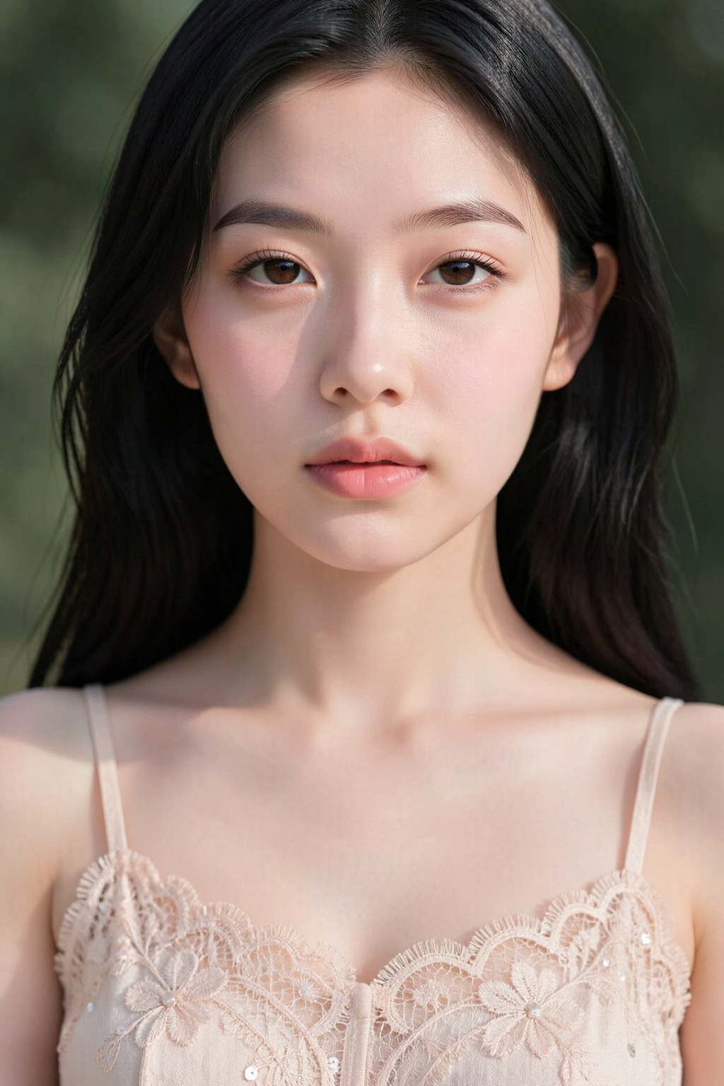 Photograph of close-up a young woman with long black hair and skin is light in tone with a subtle pinkish hue, and fine, short, light brown hairs are visible across the surface. She has a slender build and is wearing a lace crew neck camisole with thin spaghetti straps. The lace features intricate floral patterns and small, shimmering sequins. She gazes directly at the camera with a neutral expression. The background is outdoors, softly lit with sunlight that creates subtle shadows and highlights on her face and shoulders. The overall style is natural and minimalistic, emphasizing her delicate features and the texture of the lace fabric.
