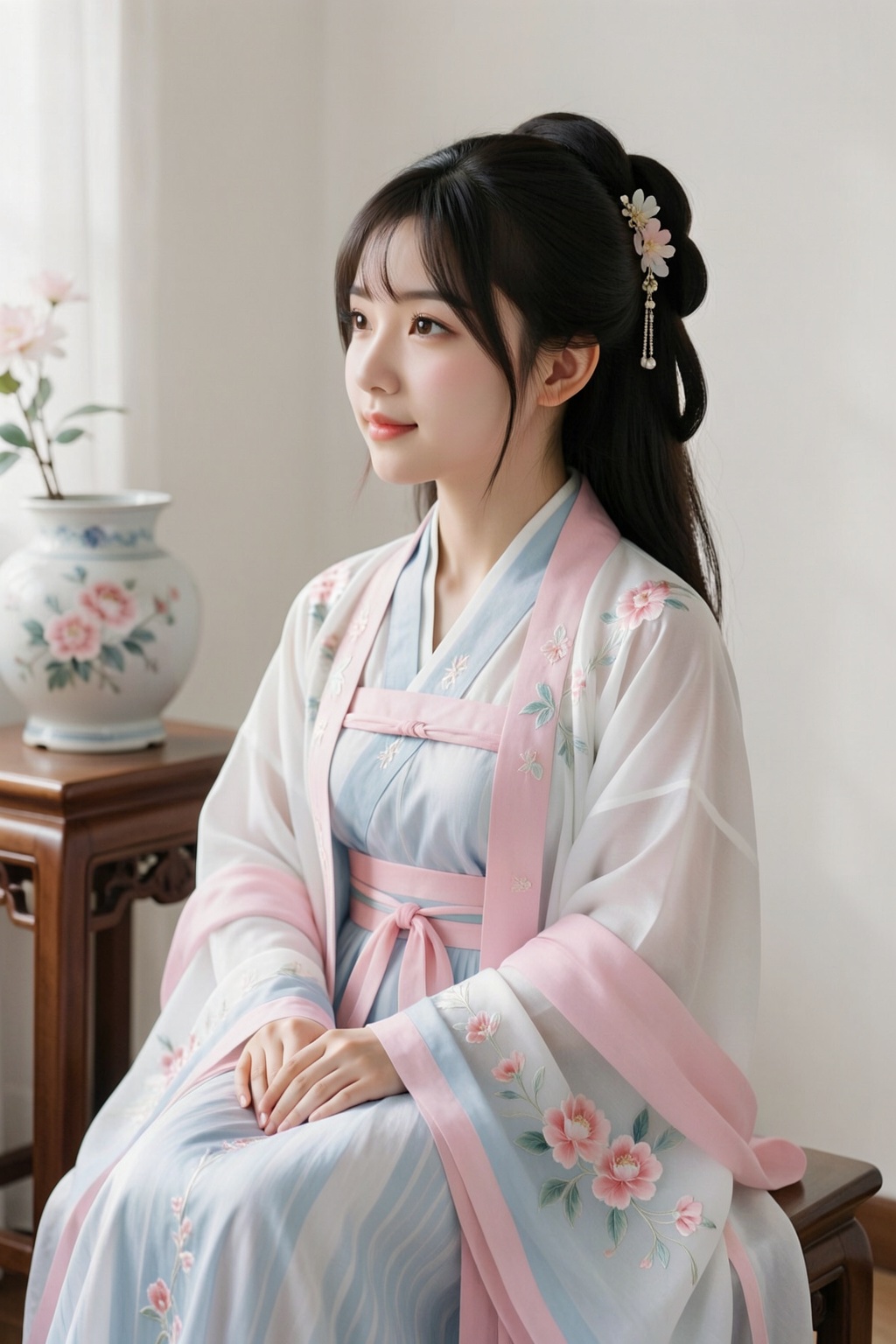 一位年轻的亚洲女性,估计二十岁出头,侧目而视。她身着传统的汉服,由层叠的白色、浅蓝色和淡粉色面料构成。外层是薄如蝉翼的白色,上面绣着粉色和浅绿色的花卉图案。内层则是浅蓝色和白色的竖条纹。一条浅粉色的腰带披在她的肩上和手臂上,与周围的颜色形成柔和的对比。她乌黑的头发梳成侧分刘海,部分向后梳起,并饰以精致的花朵发饰。她神情宁静,带着一丝淡淡的微笑,姿态端庄优雅,双手自然地放在膝上。场景布置在一个雅致的室内,摆放着木质家具,包括一张装饰性的边桌和她所坐的雕花木凳。柔和的漫射灯光洒满整个空间,营造出一种轻盈宁静的氛围。背景中摆放着一个饰有花卉图案的大型华丽花瓶,更增添了传统美感。整幅画作传递出宁静与优美的氛围,令人感受到一种柔和的优雅和精致的格调。其风格融合了中国传统艺术和柔和的现实主义。