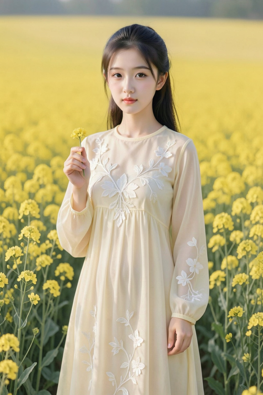 Photograph of an East Asian woman standing in a vibrant yellow canola field. She has fair skin, long black hair tied back, and wears a delicate, pale yellow, long-sleeved, flowing dress with intricate white floral embroidery. The dress is semi-transparent with a soft, ethereal texture. She stands with a serene expression, holding a small yellow flower in her right hand. The background is a lush, expansive field of yellow canola flowers under soft, natural sunlight. The image has a gentle, dreamy quality, emphasizing the contrast between her delicate attire and the vibrant, textured field.