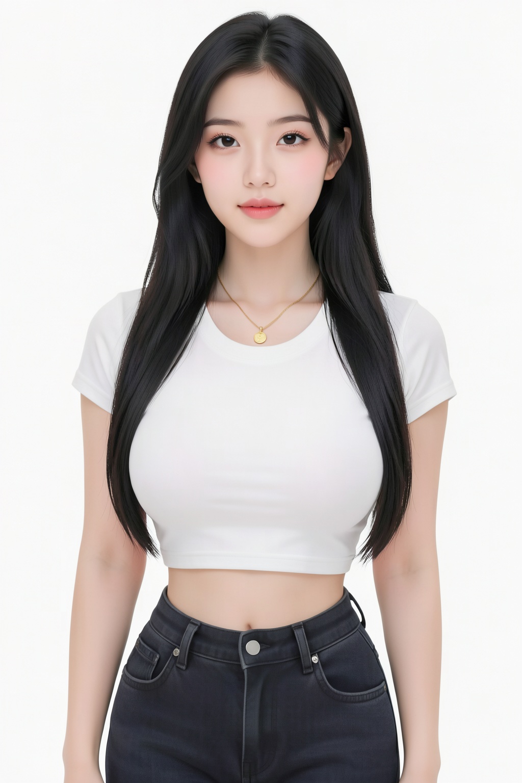 Photograph of an East Asian woman with long,  straight black hair,  fair skin,  and a slender yet curvy physique. She is wearing a tight,  white,  short-sleeved crop top that accentuates her large breasts,  and high-waisted,  dark blue jeans. Her expression is neutral with a slight,  closed-mouth smile. She has small,  pinkish lips and delicate features. Around her neck,  she wears a simple gold necklace with a small circular pendant. The background is plain white,  making her the focal point of the image. The lighting is even,  highlighting her smooth skin and the subtle sheen of her hair. The overall style is modern and minimalistic.