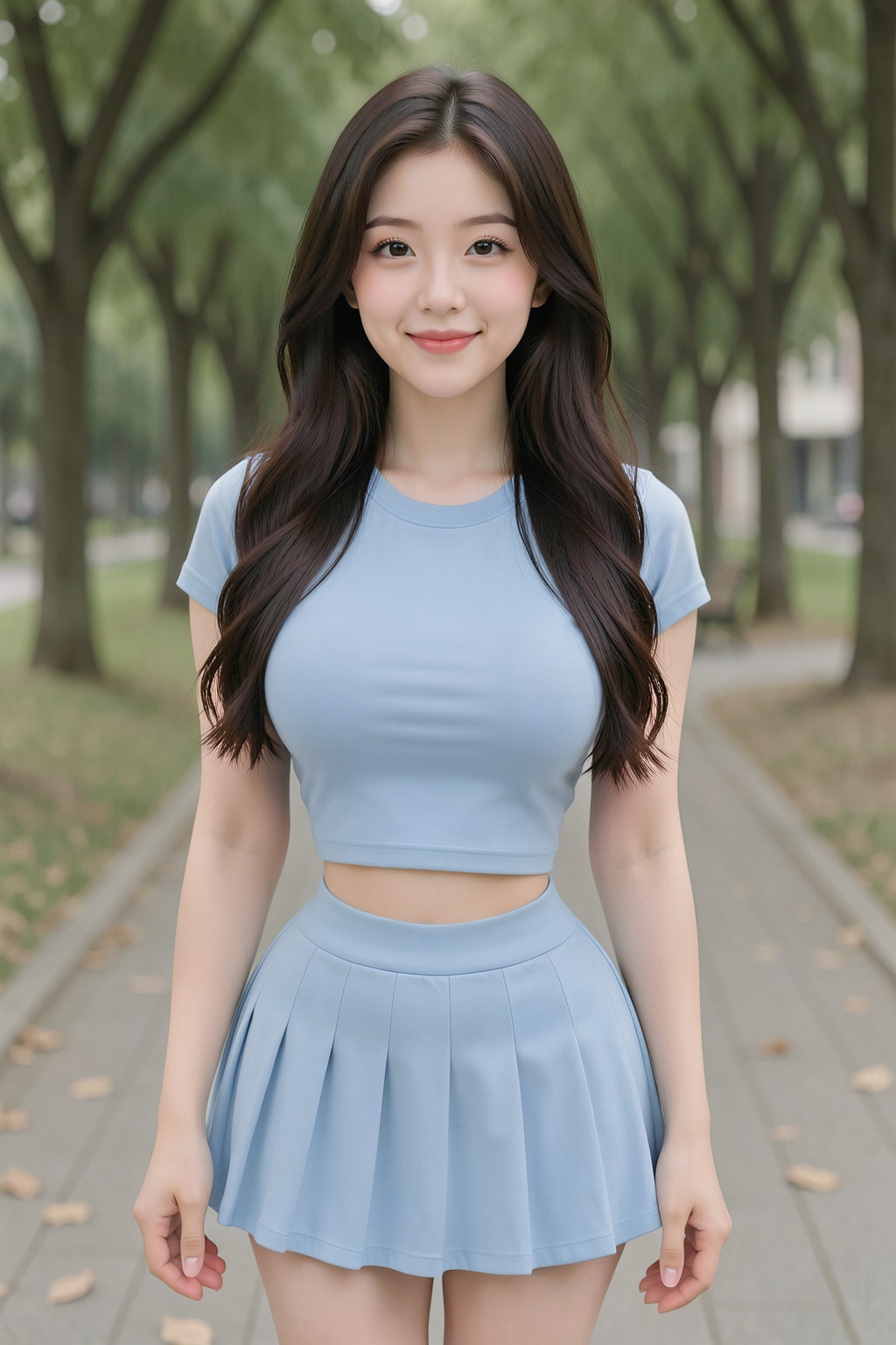 这是一张高分辨率照片,照片中一位东亚女性站在公园的铺砌小路上。她有着长长的波浪状深棕色头发,如瀑布般披散在肩上,肌肤白皙光滑。她的五官精致,鼻子小巧挺拔,嘴唇饱满,略带粉嫩,杏仁状的深邃双眸带着温柔的微笑,看向镜头。她身穿一件浅藍色紧身短袖露脐上衣,凸显了她丰满的胸部,下身搭配同色系高腰淺藍色百褶裙,勾勒出她纤细的腰肢和优美的臀部曲线。她双臂自然垂于身体两侧,身材苗条匀称。
背景是一片模糊的公园景色,绿树成荫,枝繁叶茂,地面上散落着几片落叶。远处还有一些模糊的景物,可能是建筑物或公园长椅。照片光线自然,表明拍摄于白天。照片整体构图以女性为中心,采用浅景深,使她清晰锐利,背景则柔和虚化。画面传递出一种随性优雅和自然之美。