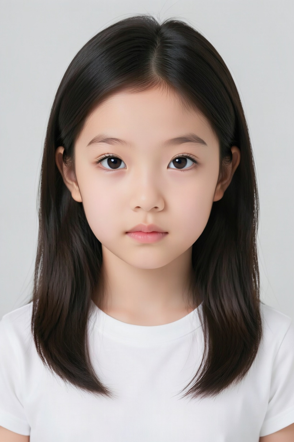 Photograph of a young Asian girl with straight,  dark brown hair that reaches just past her shoulders. She has a fair complexion and large,  dark brown eyes that look directly at the camera with a neutral expression. Her eyebrows are thin and slightly arched. She is wearing a simple,  white,  short-sleeved shirt with a round neckline. The background is a plain,  light gray color,  making her the clear focal point of the image. The lighting is soft and even,  highlighting her smooth skin and the subtle shine in her hair. The overall composition is minimalist,  emphasizing her natural beauty and youthful innocence.