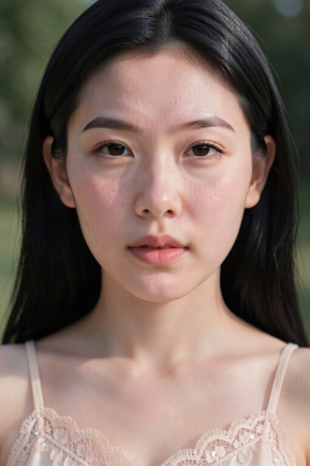 Photograph of close-up a young woman with long black hair and skin is light in tone with a subtle pinkish hue, and fine, short, light brown hairs are visible across the surface. The texture of the skin appears slightly rough with small. She has a slender build and is wearing a lace crew neck camisole with thin spaghetti straps. The lace features intricate floral patterns and small, shimmering sequins. She gazes directly at the camera with a neutral expression. The background is outdoors, softly lit with sunlight that creates subtle shadows and highlights on her face and shoulders. The overall style is natural and minimalistic, emphasizing her delicate features and the texture of the lace fabric.