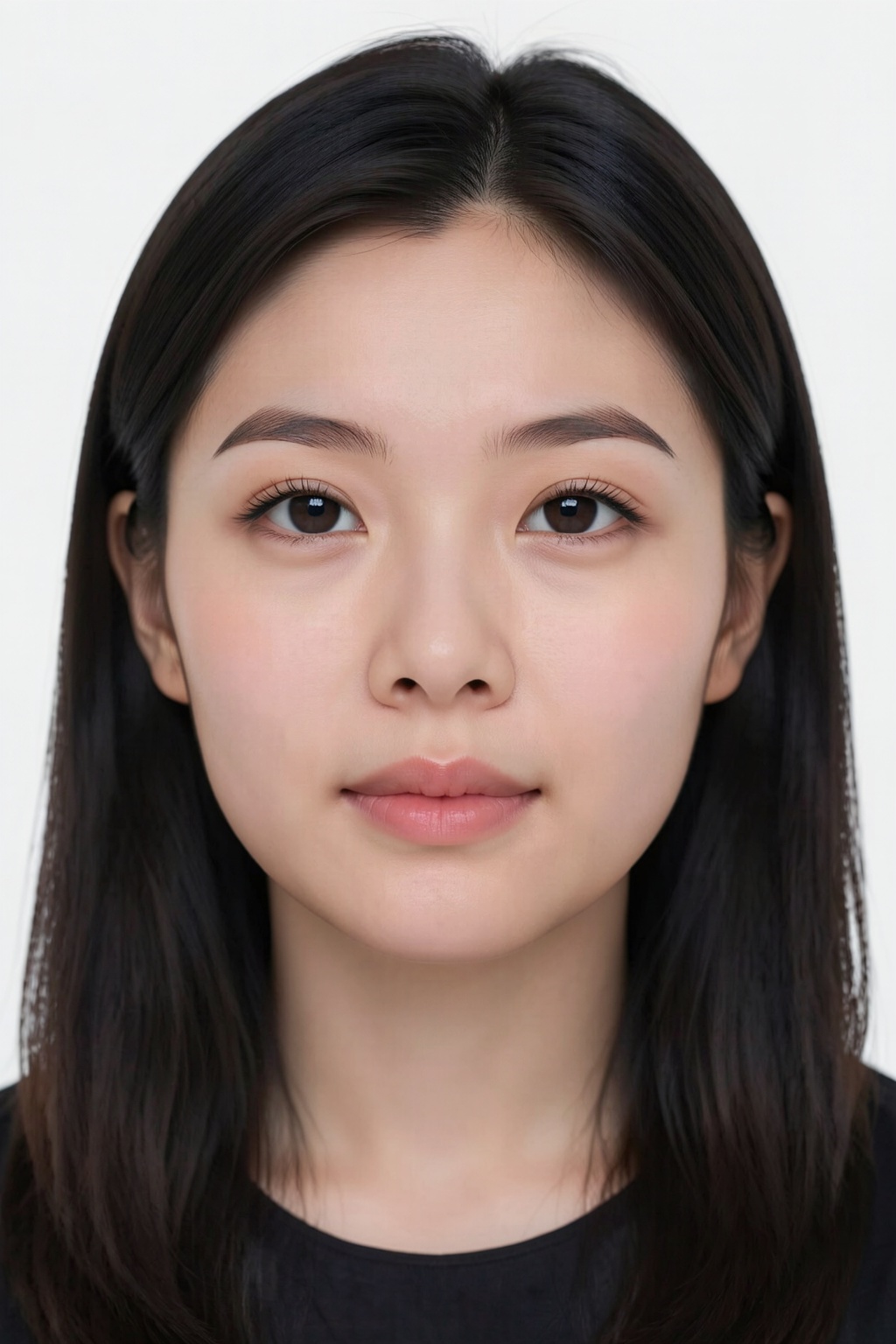This is a photograph of a young Asian woman with straight, dark brown hair that falls just past her shoulders. She has a light to medium skin tone with a smooth complexion and minimal makeup, emphasizing her natural features. Her eyebrows are dark and well-defined, her eyes are brown and slightly almond-shaped, and she has a small, straight nose. Her lips are full and slightly pink. She is wearing a simple, dark-colored top, though the focus is on her face. The background is completely white, creating a clean, minimalist look that draws attention to her facial features. The lighting is soft and even, highlighting her natural beauty.