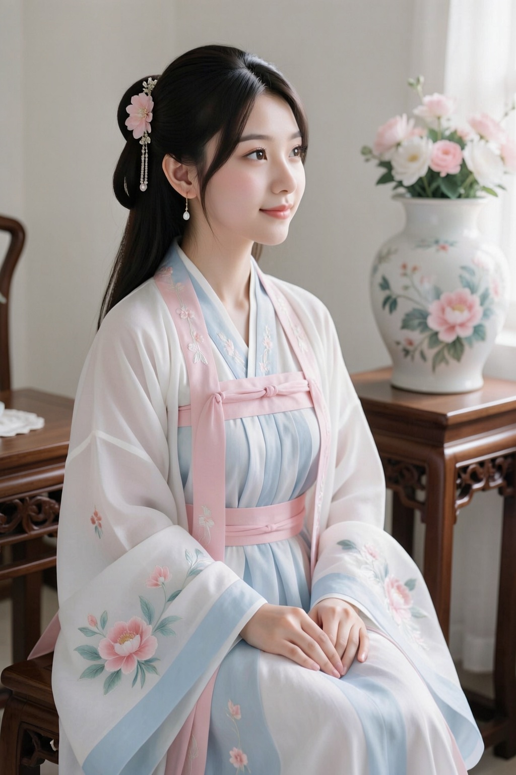 一位年轻的亚洲女性,估计二十岁出头,侧目而视。她身着传统的汉服,由层叠的白色、浅蓝色和淡粉色面料构成。外层是薄如蝉翼的白色,上面绣着粉色和浅绿色的花卉图案。内层则是浅蓝色和白色的竖条纹。一条浅粉色的腰带披在她的肩上和手臂上,与周围的颜色形成柔和的对比。她乌黑的头发梳成侧分刘海,部分向后梳起,并饰以精致的花朵发饰。她神情宁静,带着一丝淡淡的微笑,姿态端庄优雅,双手自然地放在膝上。场景布置在一个雅致的室内,摆放着木质家具,包括一张装饰性的边桌和她所坐的雕花木凳。柔和的漫射灯光洒满整个空间,营造出一种轻盈宁静的氛围。背景中摆放着一个饰有花卉图案的大型华丽花瓶,更增添了传统美感。整幅画作传递出宁静与优美的氛围,令人感受到一种柔和的优雅和精致的格调。其风格融合了中国传统艺术和柔和的现实主义。