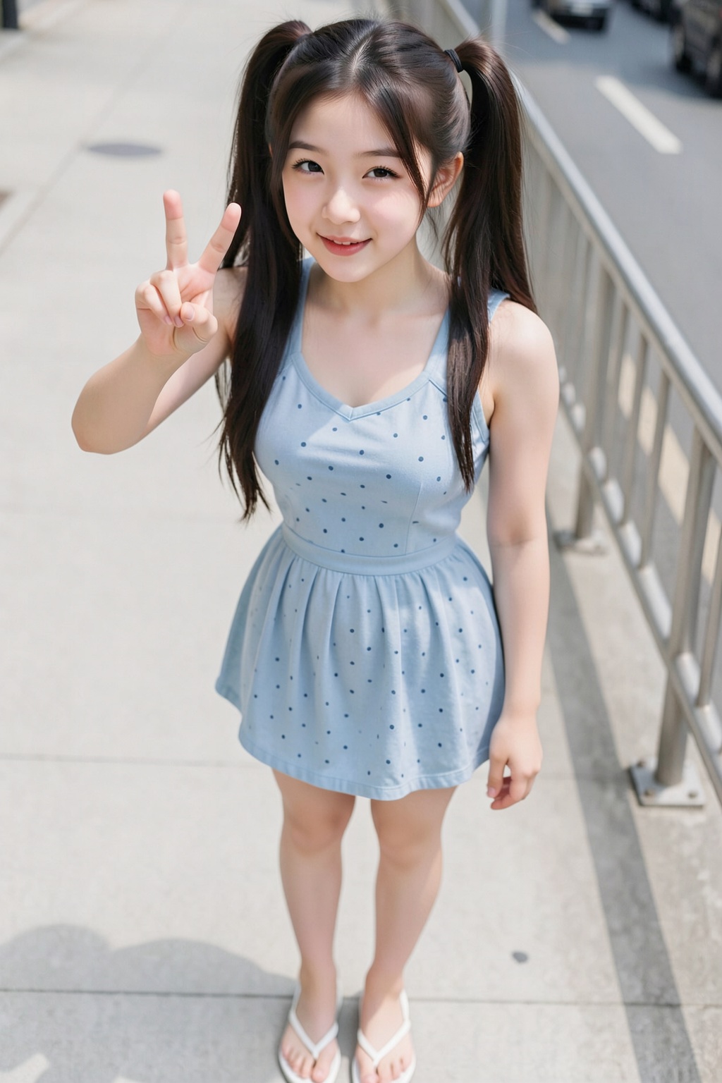 This photograph features a young Asian woman with fair skin and long, dark brown hair styled in two high pigtails. She is wearing a light blue, sleeveless dress with small dark blue polka dots, and white flip-flops. She is standing on a concrete sidewalk, slightly bent forward with her right arm extended towards the camera, making a peace sign with her fingers. She has a playful, winking expression on her face. The background shows a blurred street with a metal railing on the right. The image has a bright, sunny feel with natural light casting soft shadows. The photograph has a slightly tilted, upward angle, emphasizing her playful gesture.