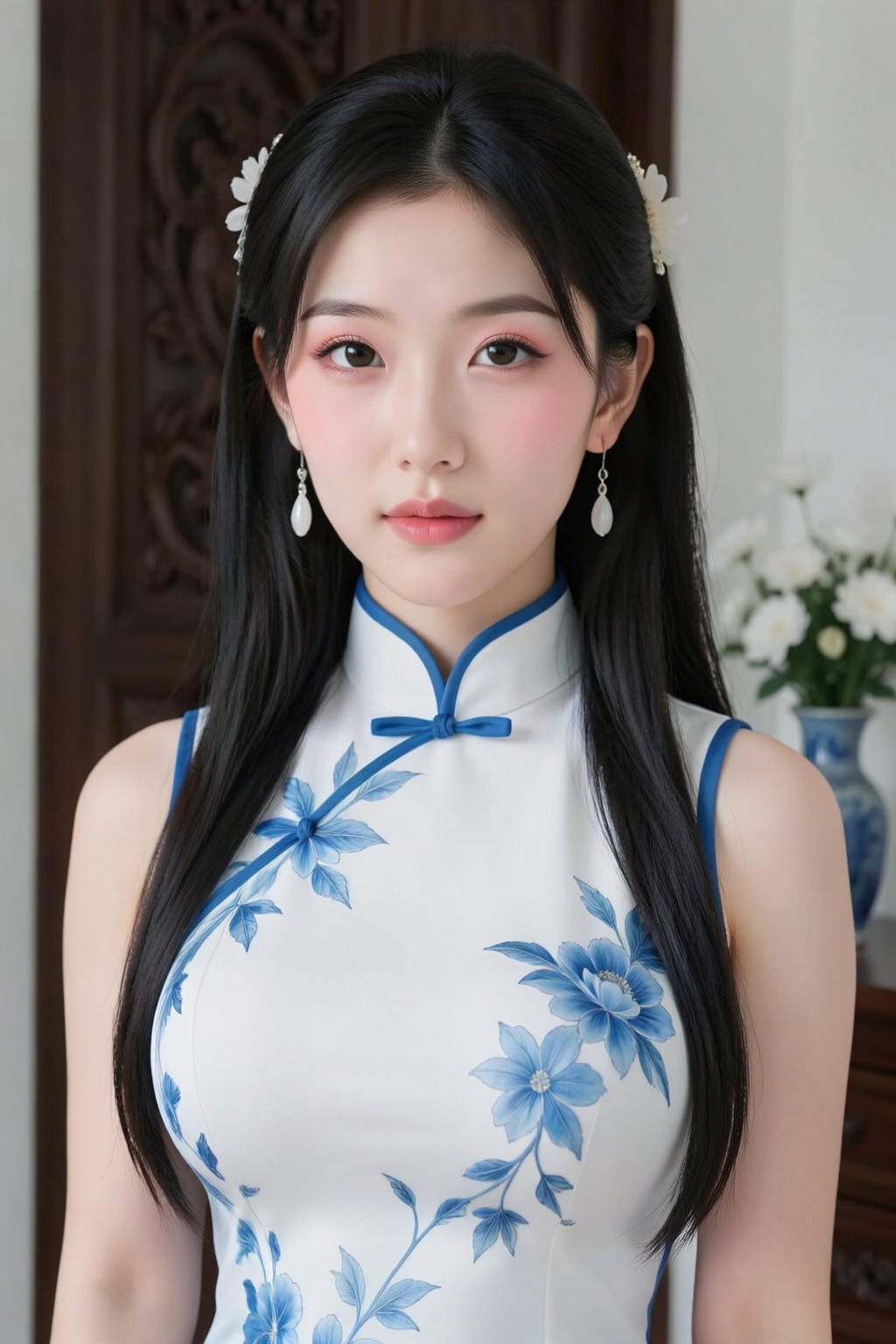 Large breasts, extremely slender waist. Photograph of an East Asian woman with fair skin and long, straight black hair adorned with a small white floral hairpin. She has delicate, pink-tinted cheeks and wears subtle pink eyeshadow. Her lips are lightly pink and she has a calm, gentle expression. She is dressed in a sleeveless, high-neck, white cheongsam with blue floral embroidery and blue trim. She wears dangling white earrings. In the background, there is a wooden door with intricate carvings and a blue vase with white flowers on a wooden table. The setting appears to be indoors, with soft, natural lighting enhancing the serene atmosphere.