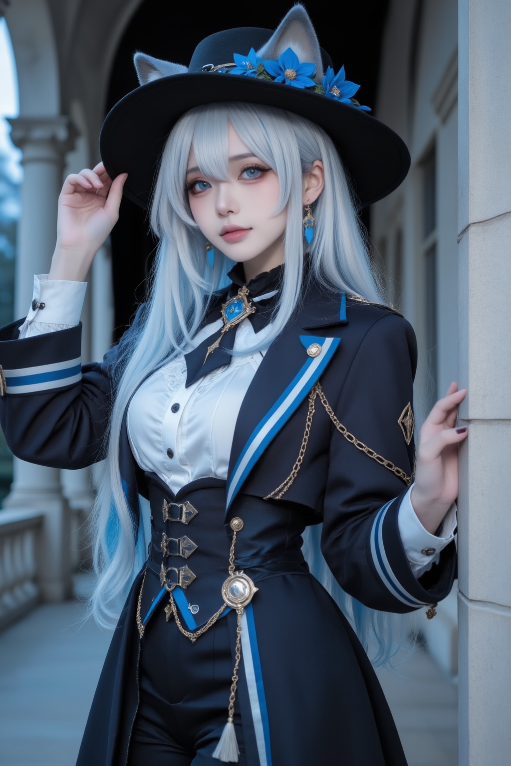 cosplay照片,  一位身穿精致哥特风格服装的年轻女性角色,  她有着银蓝色长发与一对灰色猫耳 on Tensor.Art