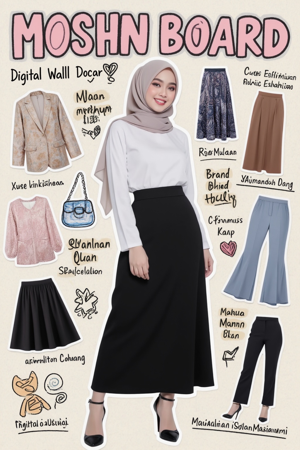Fashion mood board collage featuring a full body photo of a pale skin beautiful Malaysian fashion model,  she wears hijab,...