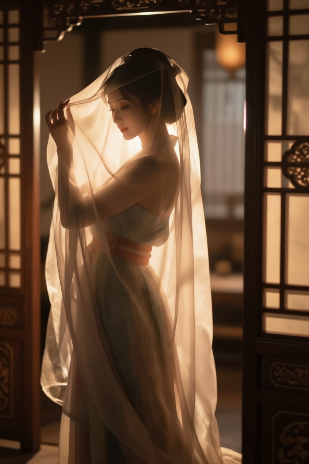 A softly lit,  atmospheric scene showing the silhouette of a woman behind a translucent veil inside a traditional Chinese...