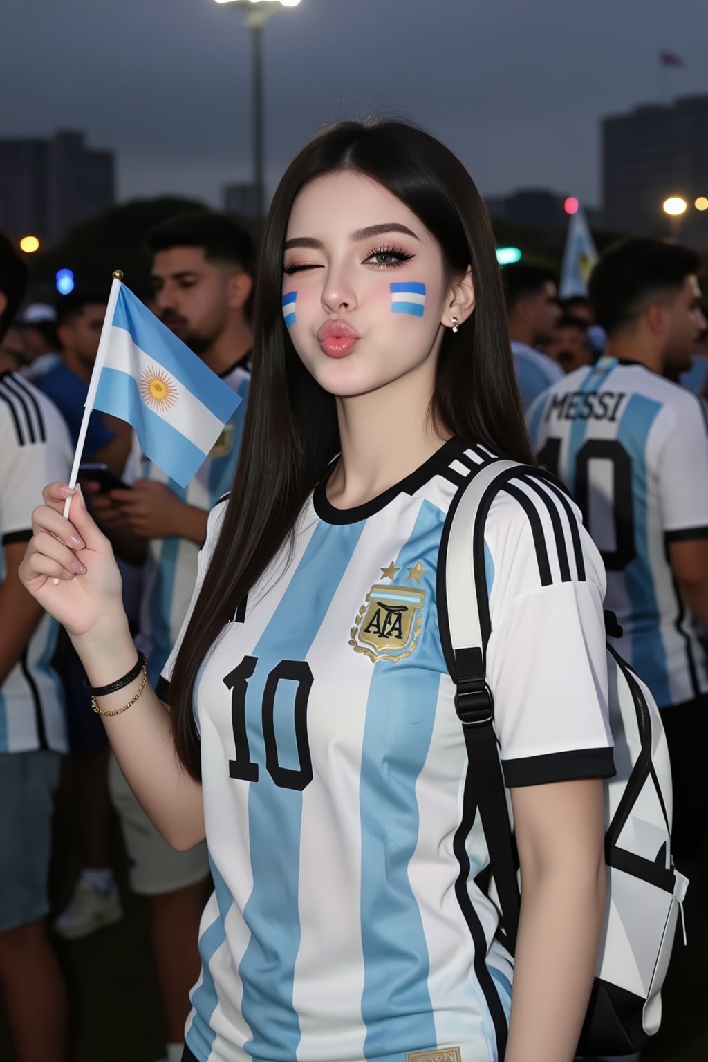 一位年轻女性站在夜晚的户外人群之中,  她身穿阿根廷国家队球衣,  球衣为经典的蓝白竖条纹设计 on Tensor.Art
