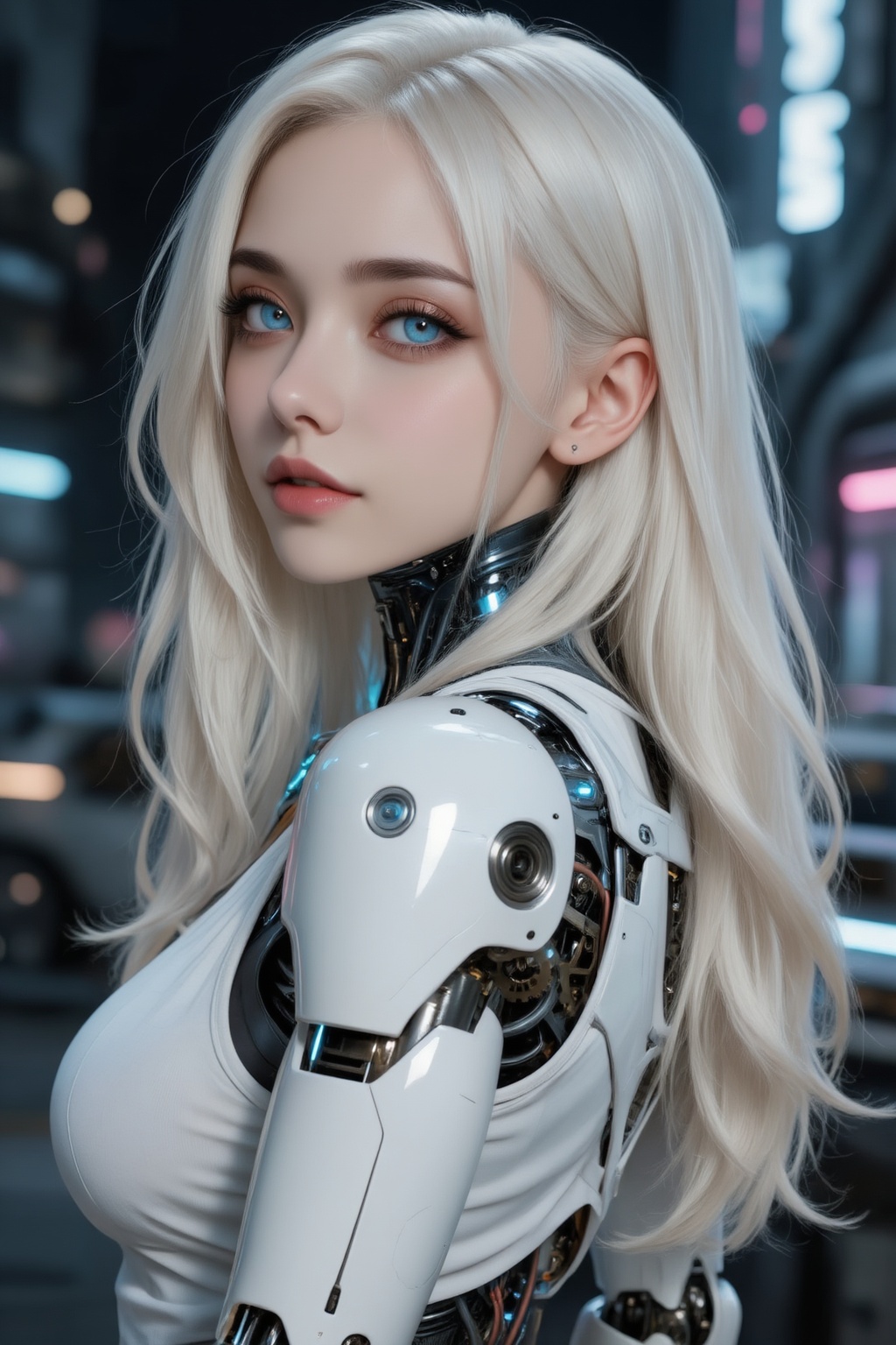 A hyper-realistic portrait depicts the back of a beautiful young woman with platinum blonde hair and captivating blue eyes...