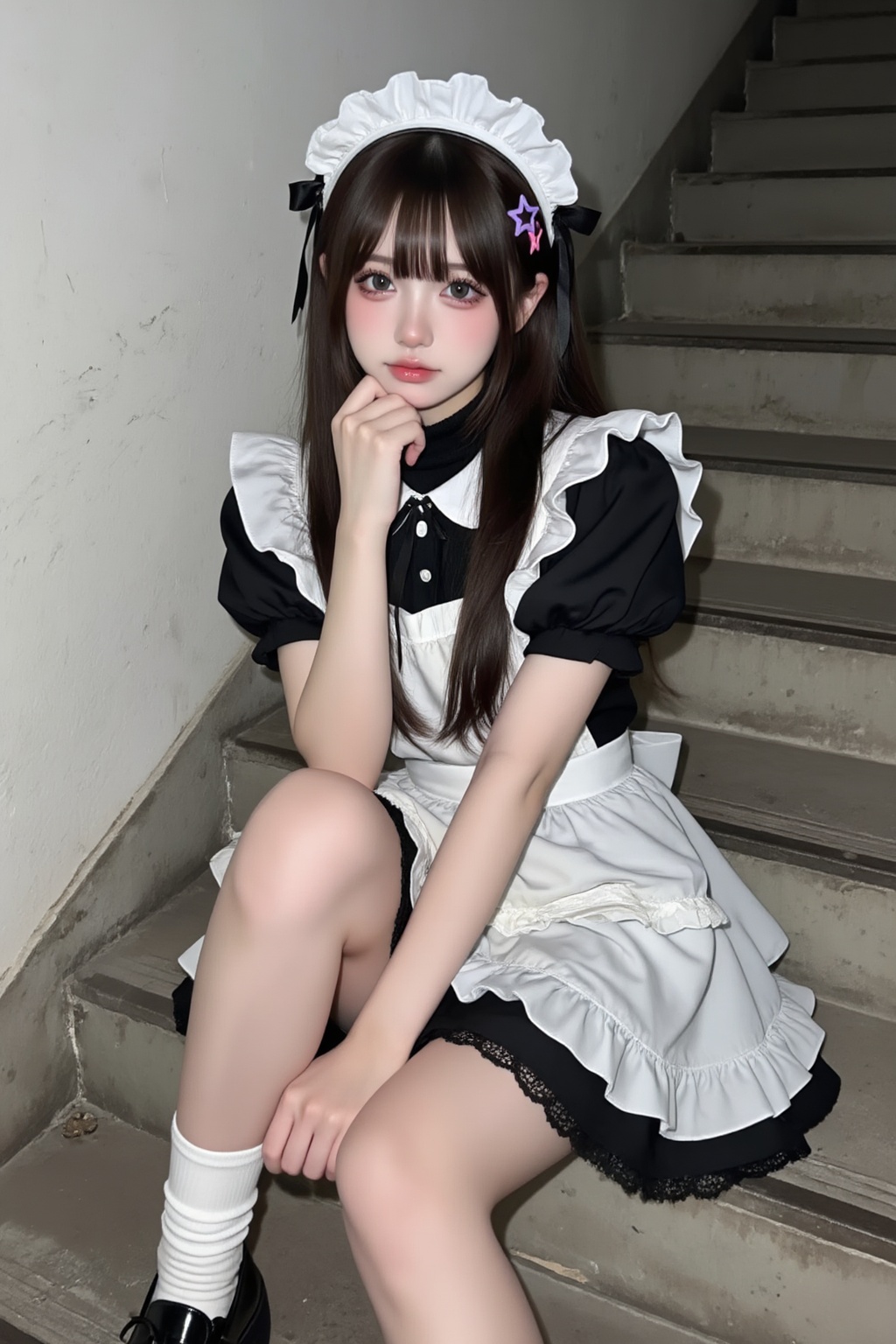一位年轻女性身着精致的女仆装,  坐在昏暗的混凝土楼梯上,  她有着深棕色的长发 on Tensor.Art
