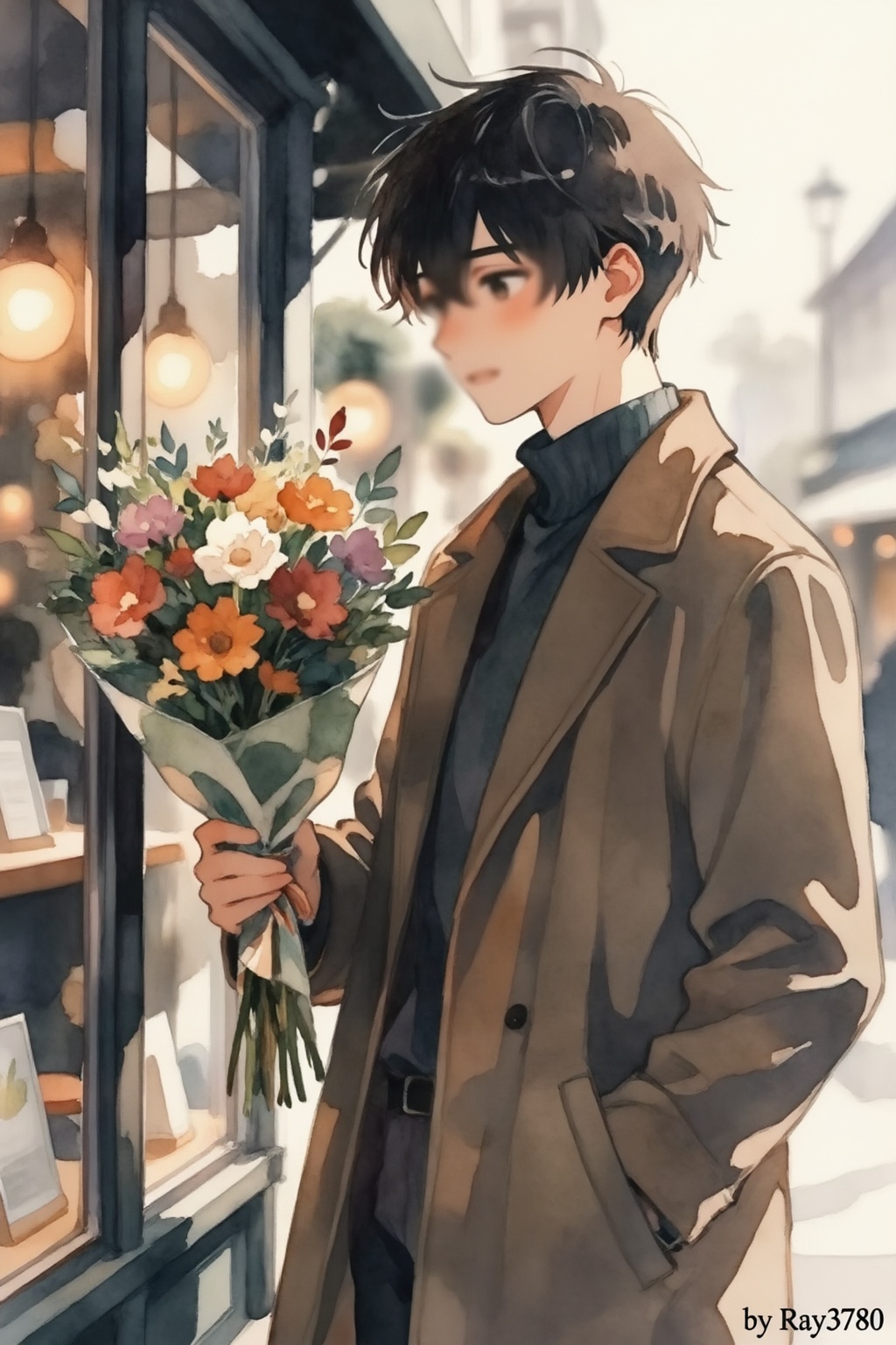 cinematic watercolor poetic anime-realistic vertical portrait from a diagonal side-shot through a shop window,  camera foc...