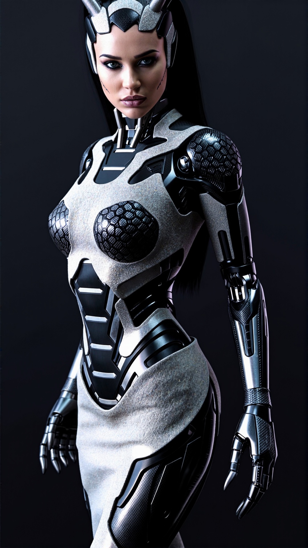 Create a photorealistic image of a fashion-forward demon woman robot made from a unique blend of fly-knit tweed and carbon...