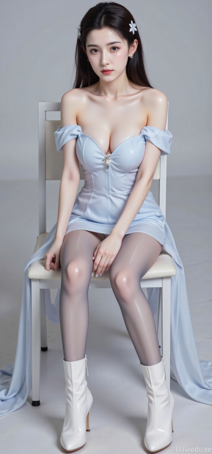 8K, ultra clear,1girl, solo, long hair, breasts, black hair, hair ornament, dress, bare shoulders, sitting, full body, boots, detached sleeves, grey background, white dress, high heels, paired with moky gray glossy pantyhose.bare legs, blue dress, chair, white footwear, high heel boots, circlet,photo taken with a Canon EOS R6 Mark II Mirrorless camera in the style of 35mm f/8 aperture,shiny pantyhose,aurora_glossy_pantyhose