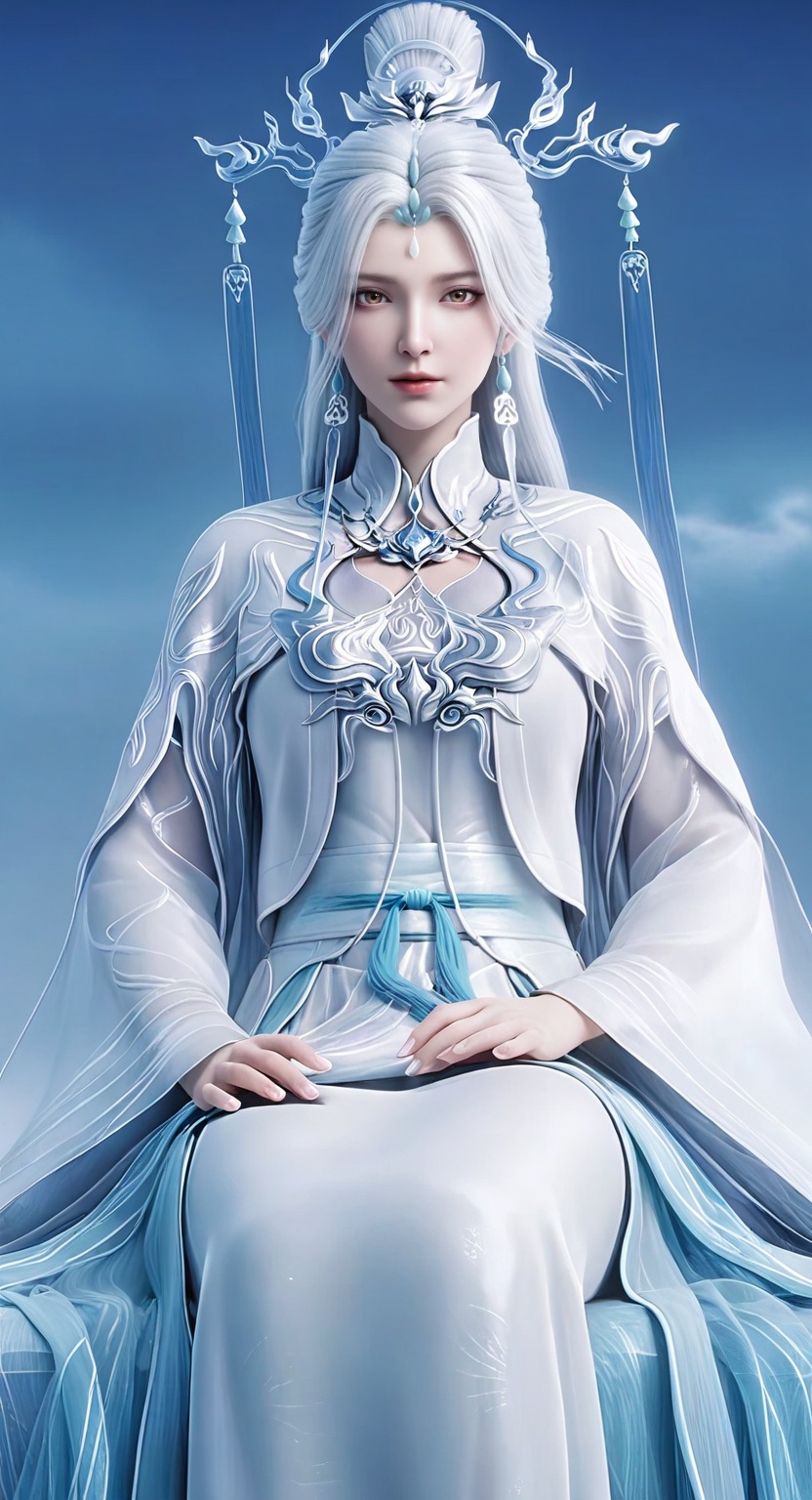 Jian ma,1girl, solo, long hair, looking at viewer, hair ornament, long sleeves, dress, jewelry, sitting, white hair, earrings, white dress, chinese clothes, forehead mark, 
ultra - realistic 3D render, glossy detailed skin, sharp focus, vibrant colors,Semi Realistic-style