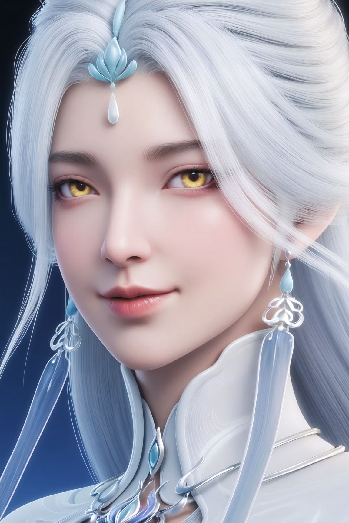 Jian ma,1girl, solo, long hair, looking at viewer, smile, hair ornament, jewelry, yellow eyes, upper body, white hair, earrings, portrait,
ultra - realistic 3D render, glossy detailed skin, sharp focus, vibrant colors,Semi Realistic-style