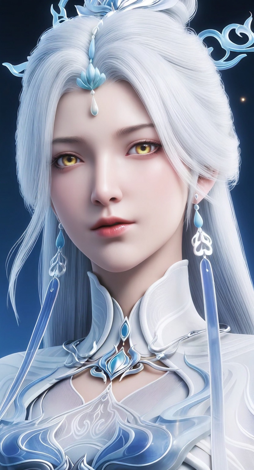 Jian ma,1girl, solo, long hair, looking at viewer, hair ornament, jewelry, yellow eyes, upper body, white hair, earrings, 
ultra - realistic 3D render, glossy detailed skin, sharp focus, vibrant colors,Semi Realistic-style