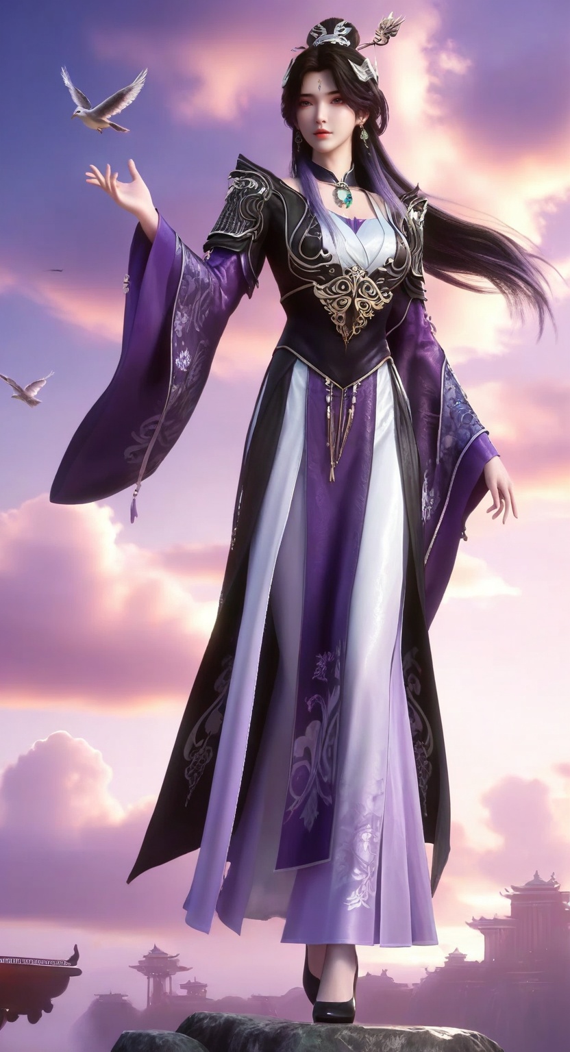 Ding xue,1girl, solo, long hair, black hair, hair ornament, dress, jewelry, standing, full body, earrings, sky, cloud, bird, chinese clothes,
ultra - realistic 3D render, glossy detailed skin, sharp focus, vibrant colors,Semi Realistic-style,