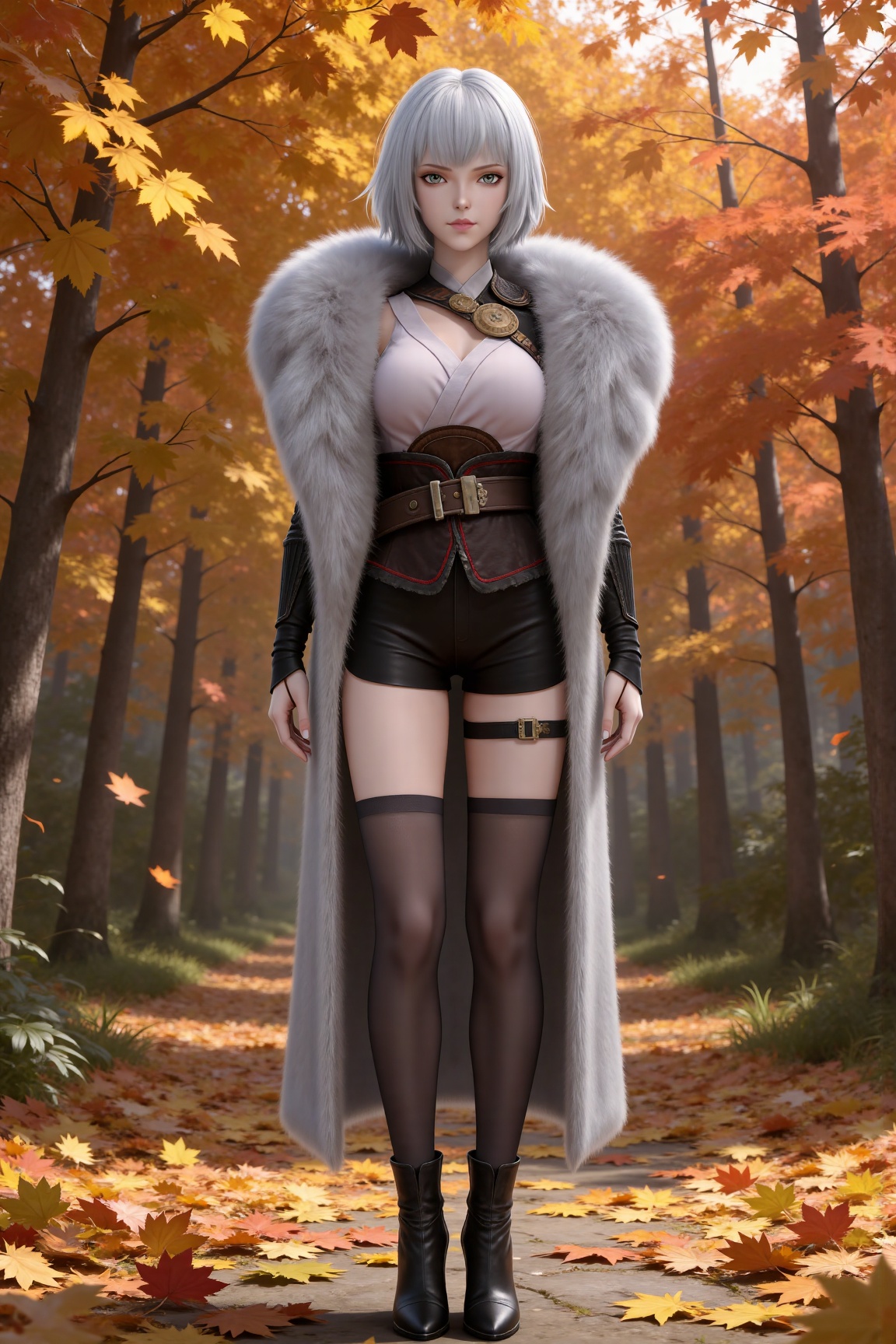 masterpiece,high quality,tall,game cg,highres,(soft light:1.2),(white_skin:0.6),(shiny_skin:0.6),(realistic:1.1), lvjing,
white hair, short hair, grey eyes, fur coat, shirt, detached_sleeves, black shorts, black_thighhighs, high_heel_boots, 1girl, solo, autumn leaves, looking at viewer, full body, breasts, standing, outdoors, belt, autumn, thigh strap, corset