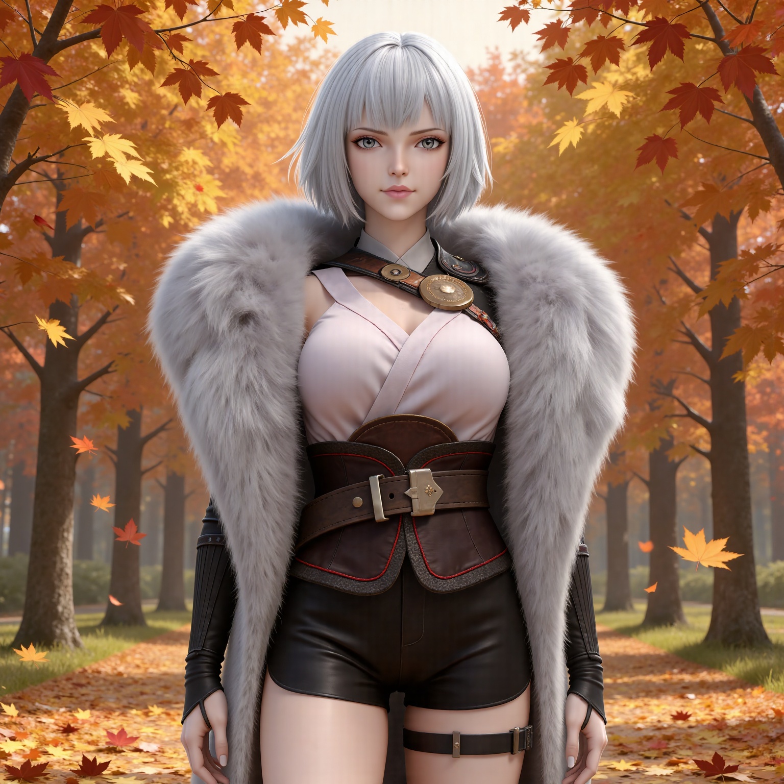 masterpiece,high quality,tall,game cg,highres,(soft light:1.2),(white_skin:0.6),(shiny_skin:0.6),(realistic:1.1), lvjing,
white hair, short hair, grey eyes, fur coat, shirt, detached_sleeves, black shorts, 1girl, solo, autumn leaves, looking at viewer, leaf, autumn, outdoors, thigh strap, falling leaves, belt, lips, maple leaf, standing, blurry, black shorts

