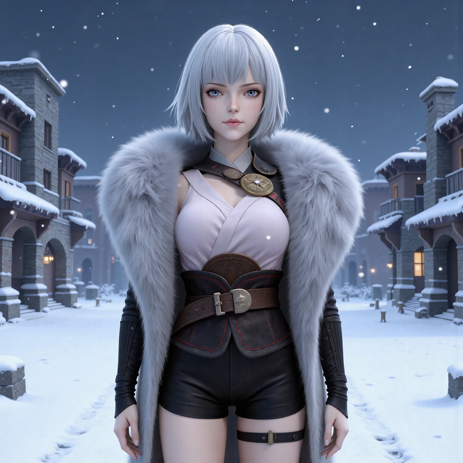 masterpiece,high quality,tall,game cg,highres,(soft light:1.2),(white_skin:0.6),(shiny_skin:0.6),(realistic:1.1), lvjing,
white hair, short hair, grey eyes, fur coat, shirt, detached_sleeves, black shorts, 1girl, solo, snowing, looking at viewer, snow, snowflakes, outdoors, belt, blurry, night, black shorts, lips, blurry background, standing, building, cowboy shot, closed mouth, breasts, winter
