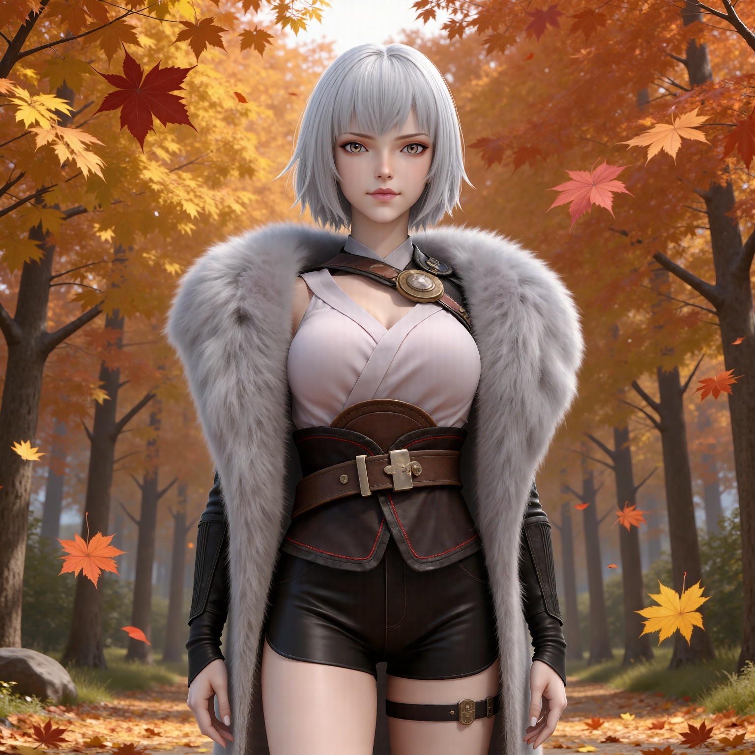 masterpiece,high quality,tall,game cg,highres,(soft light:1.2),(white_skin:0.6),(shiny_skin:0.6),(realistic:1.1), lvjing,
white hair, short hair, grey eyes, fur coat, shirt, detached_sleeves, black shorts, 1girl, solo, autumn leaves, looking at viewer, leaf, autumn, outdoors, thigh strap, falling leaves, belt, lips, maple leaf, standing, blurry, black shorts

