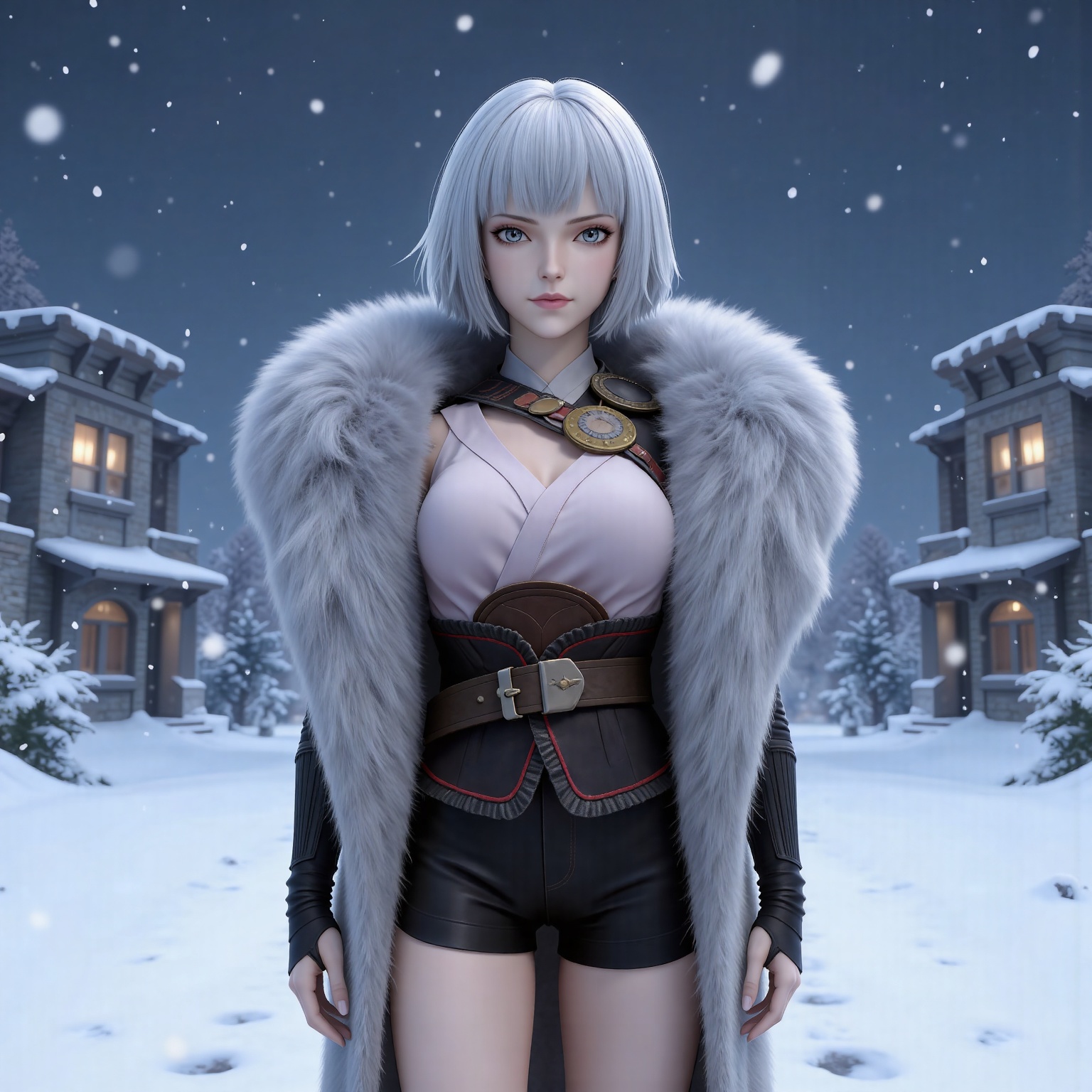 masterpiece,high quality,tall,game cg,highres,(soft light:1.2),(white_skin:0.6),(shiny_skin:0.6),(realistic:1.1), lvjing,
white hair, short hair, grey eyes, fur coat, shirt, detached_sleeves, black shorts, 1girl, solo, snowing, looking at viewer, snow, snowflakes, outdoors, belt, blurry, night, black shorts, lips, blurry background, standing, building, cowboy shot, closed mouth, breasts, winter
