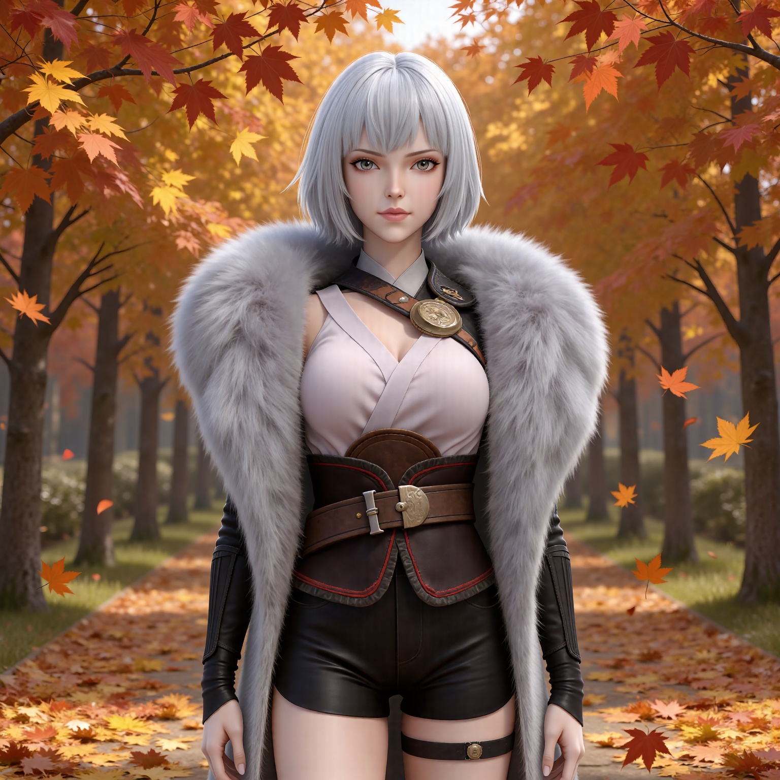 masterpiece,high quality,tall,game cg,highres,(soft light:1.2),(white_skin:0.6),(shiny_skin:0.6),(realistic:1.1), lvjing,
white hair, short hair, grey eyes, fur coat, shirt, detached_sleeves, black shorts, 1girl, solo, autumn leaves, looking at viewer, leaf, autumn, outdoors, thigh strap, falling leaves, belt, lips, maple leaf, standing, blurry, black shorts

